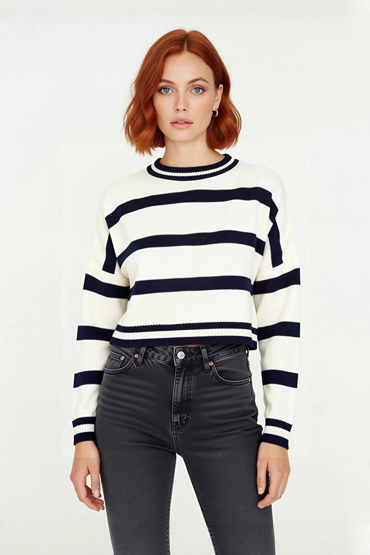 Kadın Basic Çizgili Oversize Triko Crop Kazak Düşük Kol Rahat Kesim Şık Görünüm Kaliteli