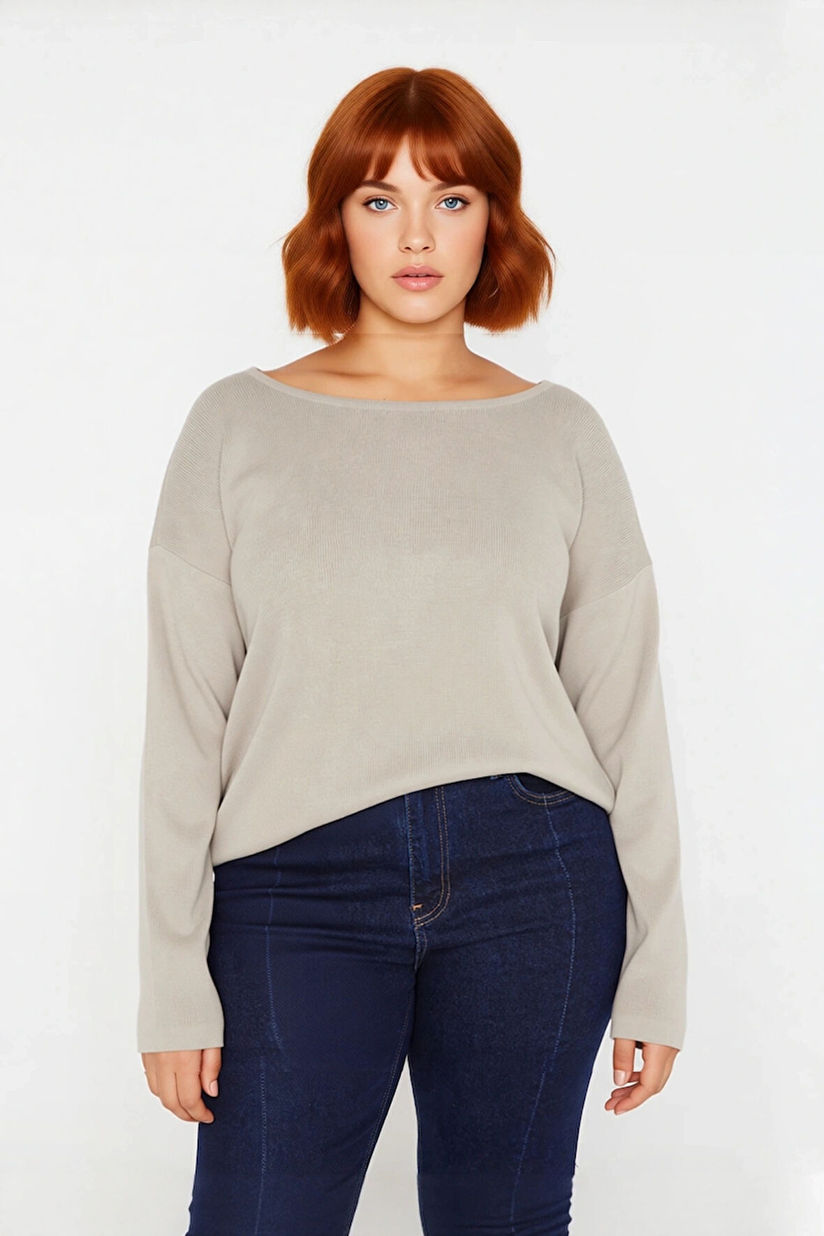 Büyük Beden Kadın Akrilik Triko Kazak Rahat Kalıp Düşük Kol Bisiklet Yaka Kış Mevsimi İçin İdeal