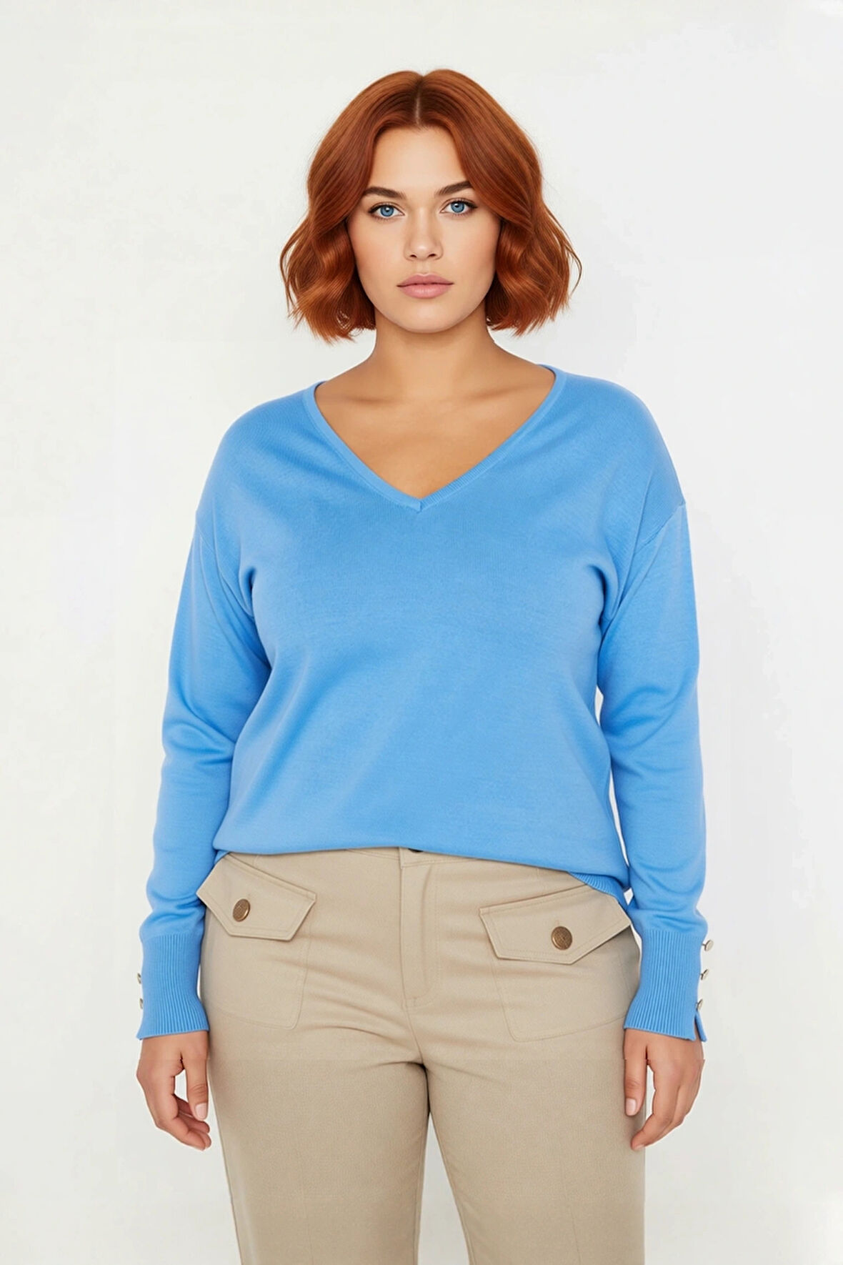 Kadın Düz Desen Regular Kalıp Triko V Yaka Kazak Uzun Kollu Ve Şık Düğme Detayları İle Kaliteli
