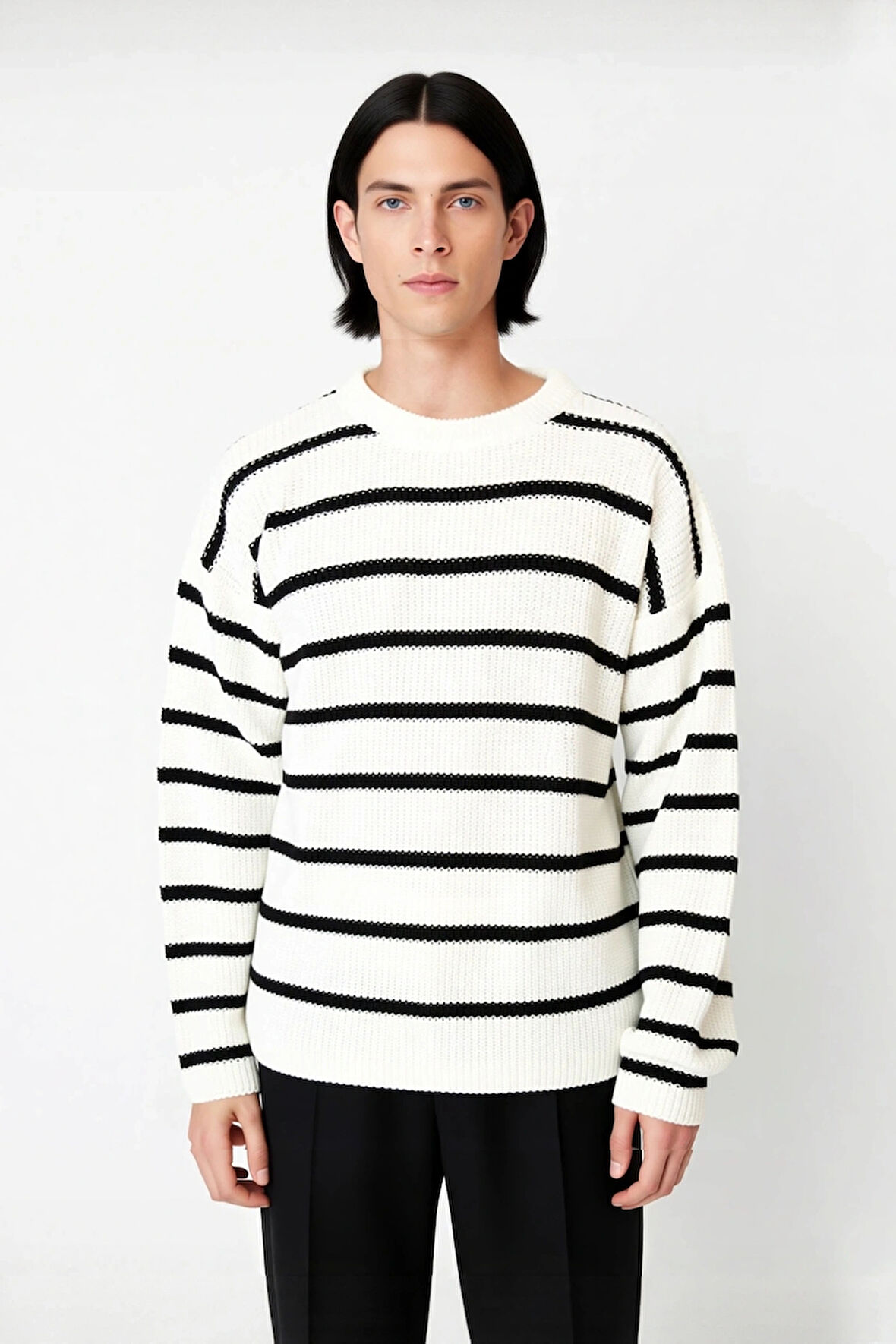 Modern Erkek Gri Çizgili Oversize Bisiklet Yaka Akrilik Uzun Kollu Kış Kombinlerinin Vazgeçilmezi