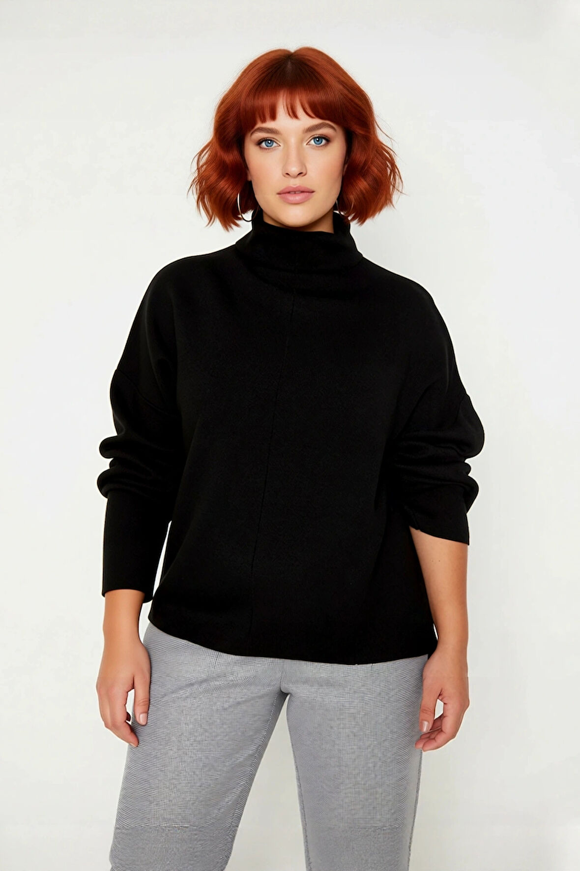 Kadın Triko Dik Yaka Düşük Kol Rahat Kalıp Büyük Beden Kışlık Kazak Günlük Şıklık İçin İdealdir