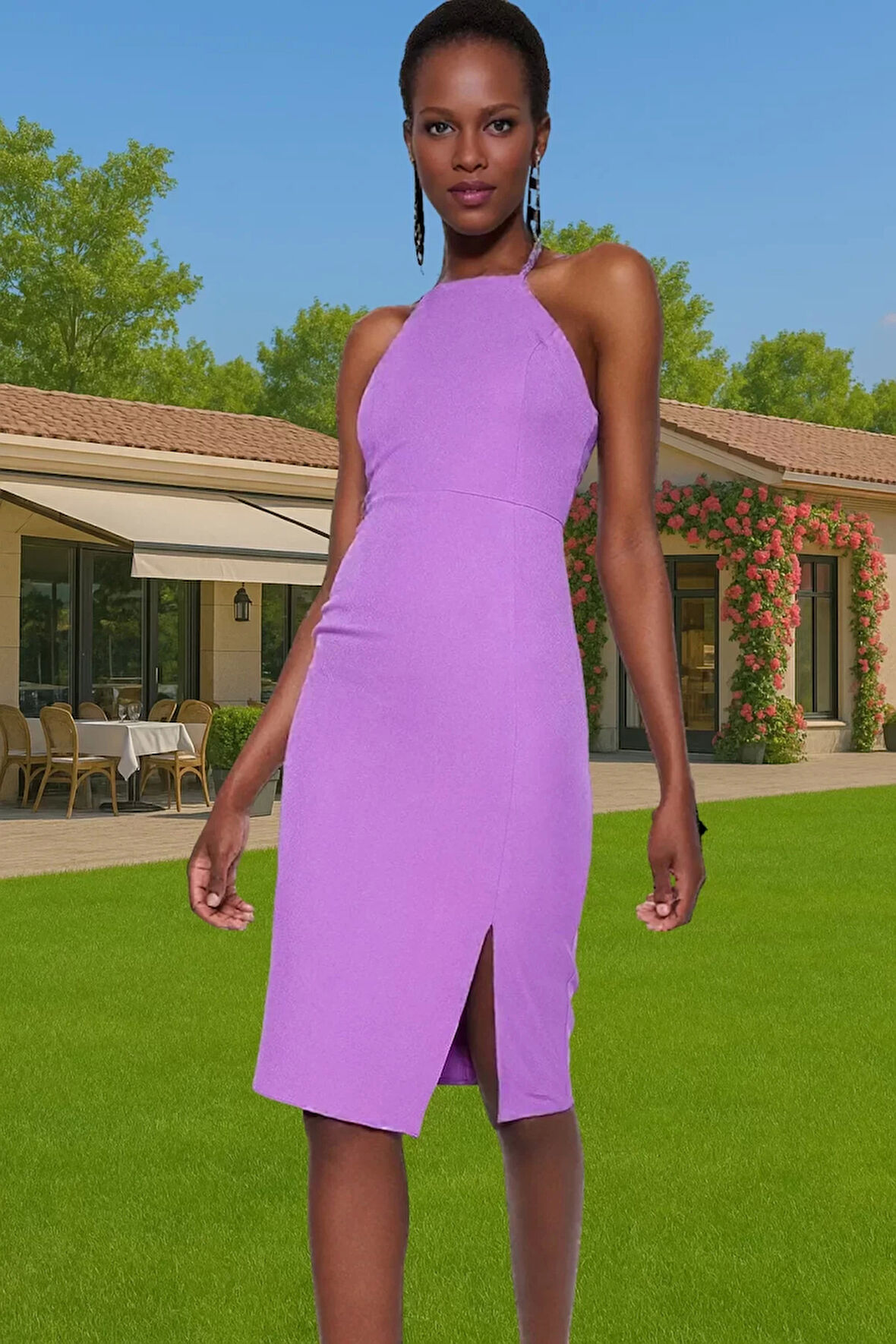 Feminen Vücudu Saran Midi Yırtmaçlı Elbise Dokuma Kumaş Zarifane Tasarım Günlük Kullanım İçin