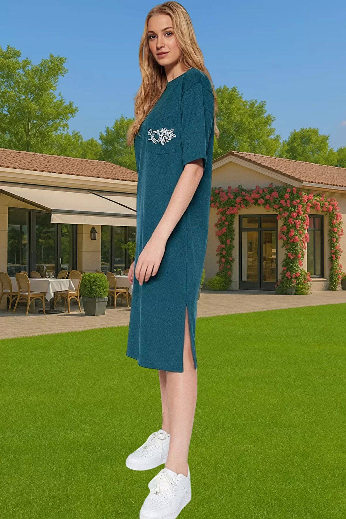 Rahat Kesim Bisiklet Yaka Nakışlı Midi Örme Elbise Dayanıklı Malzeme Trend Tasarım Rahat Kullanım