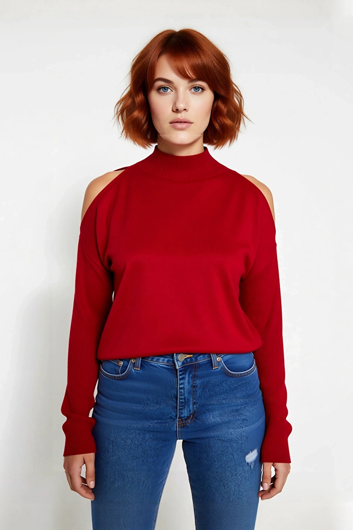 Kadın Şık Relaxed Kalıp Dik Yaka Uzun Kollu Omzu Açık Detaylı Tarz Akrilik Triko Kazak Kaliteli