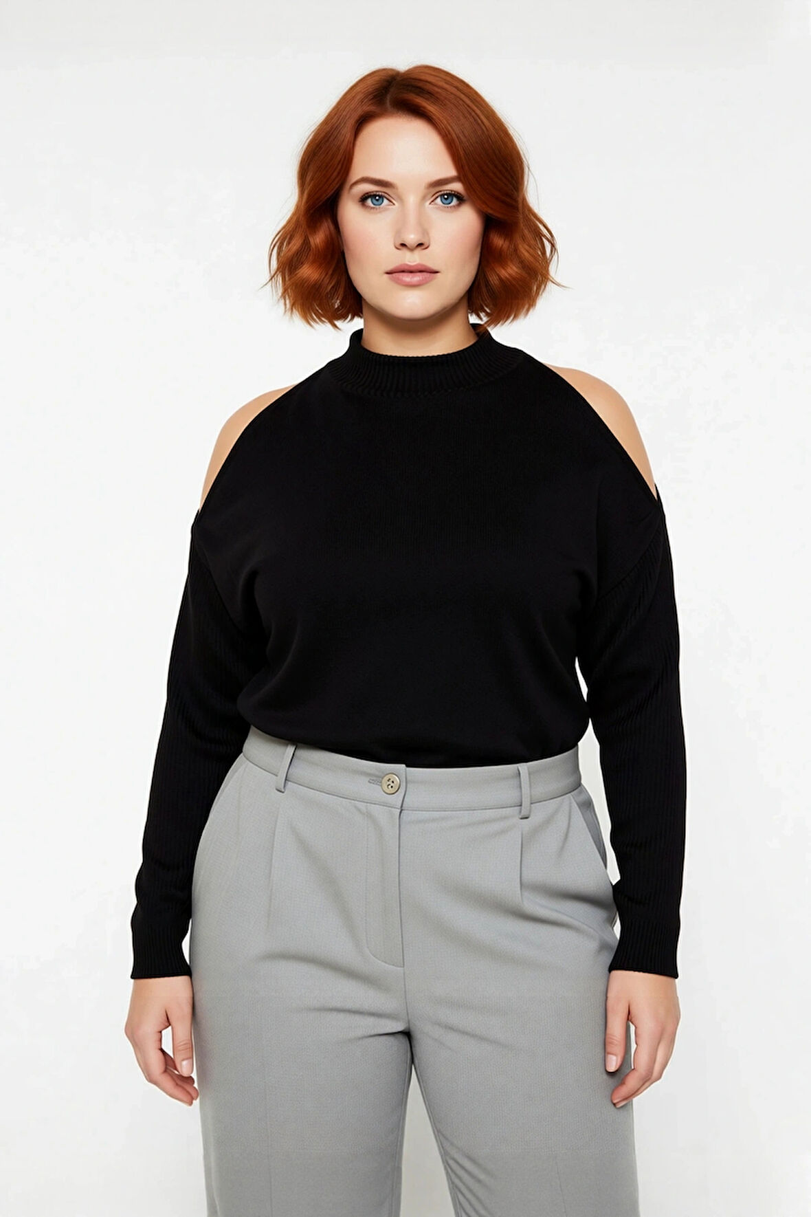 Kadın Şık Relaxed Kalıp Dik Yaka Uzun Kollu Omzu Açık Detaylı Tarz Akrilik Triko Kazak Kaliteli