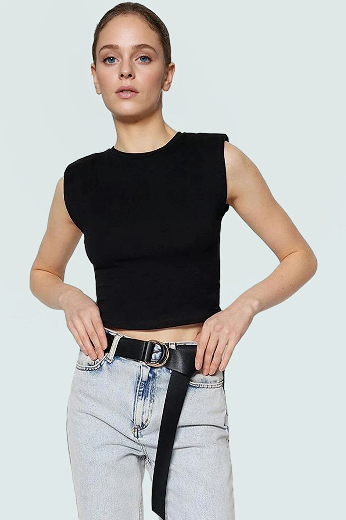 Fitted Vücut Oturan Kolsuz Örme Bluz Bisiklet Yaka Tasarım Premium Kalite Trend