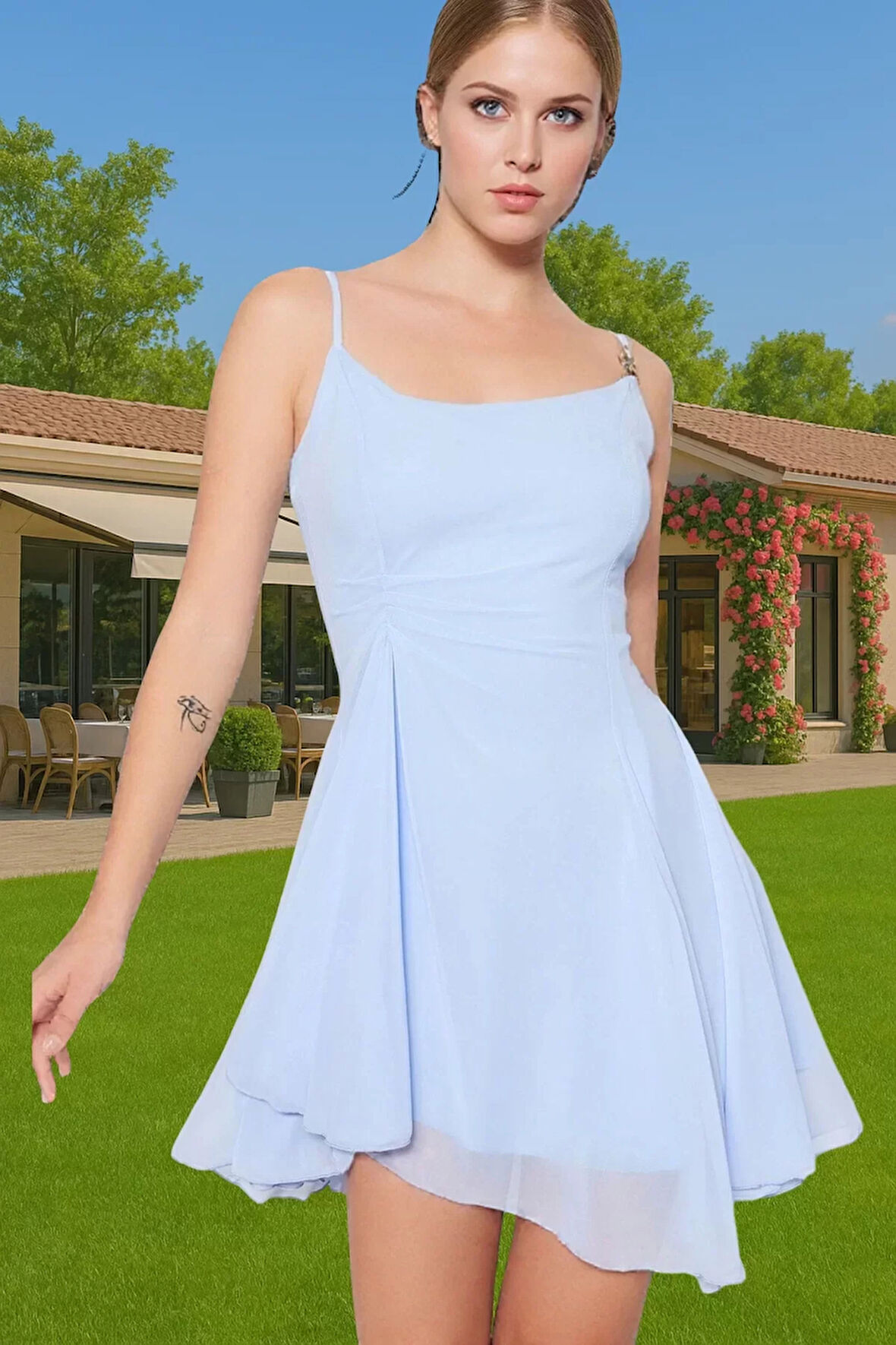 Astarlı Şık Mini Abiye Elbise Polyester Elastan Dokuma Kumaş Profesyonel Görünüm Özel Tasarım