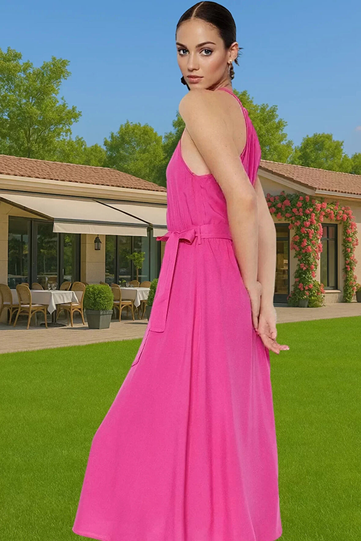 Şık Halter Yaka Midi Viskoz Elbise A Kesim Kuşak Detayı ile Dayanıklı Malzeme Dayanıklı Malzeme