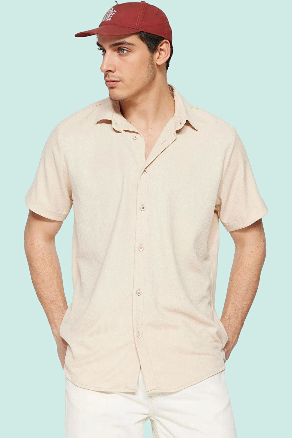 Erkek Kısa Kolli Örme Bürümcük Dokulu Gömlek Günlük Şık Kombinler Yazlık Dayanıklı Malzeme