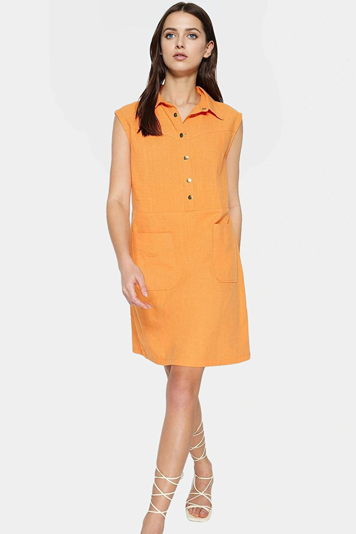 Keten Görünümlü Shift Mini Elbise Kolsuz Pamuklu Rahat Trend Tasarım Seçkin Malzeme