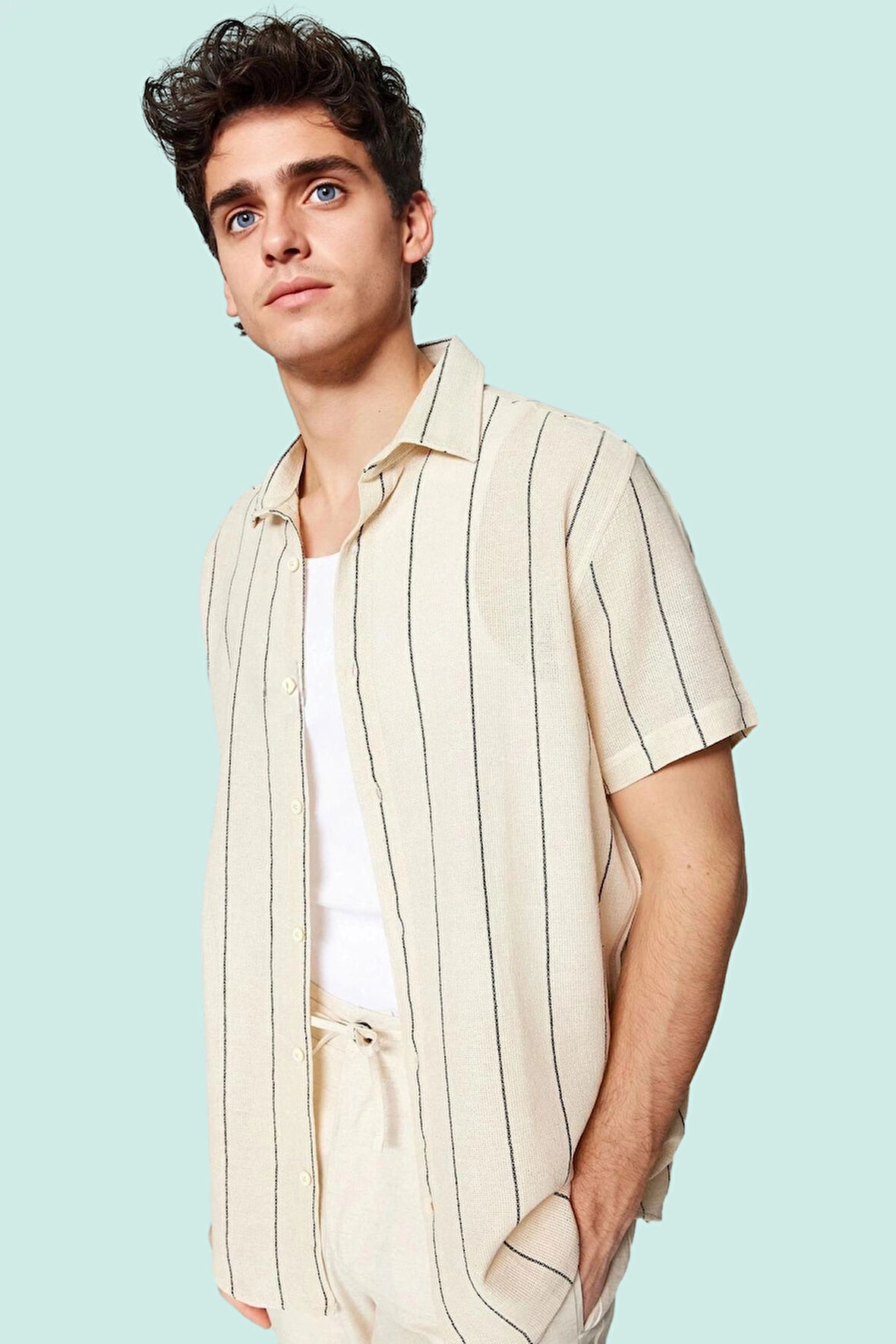Erkek Çizgili Dokuma Gömlek Regular Fit Kısa Kol Yazlık Günlük Hafta Sonu Kaliteli Malzeme
