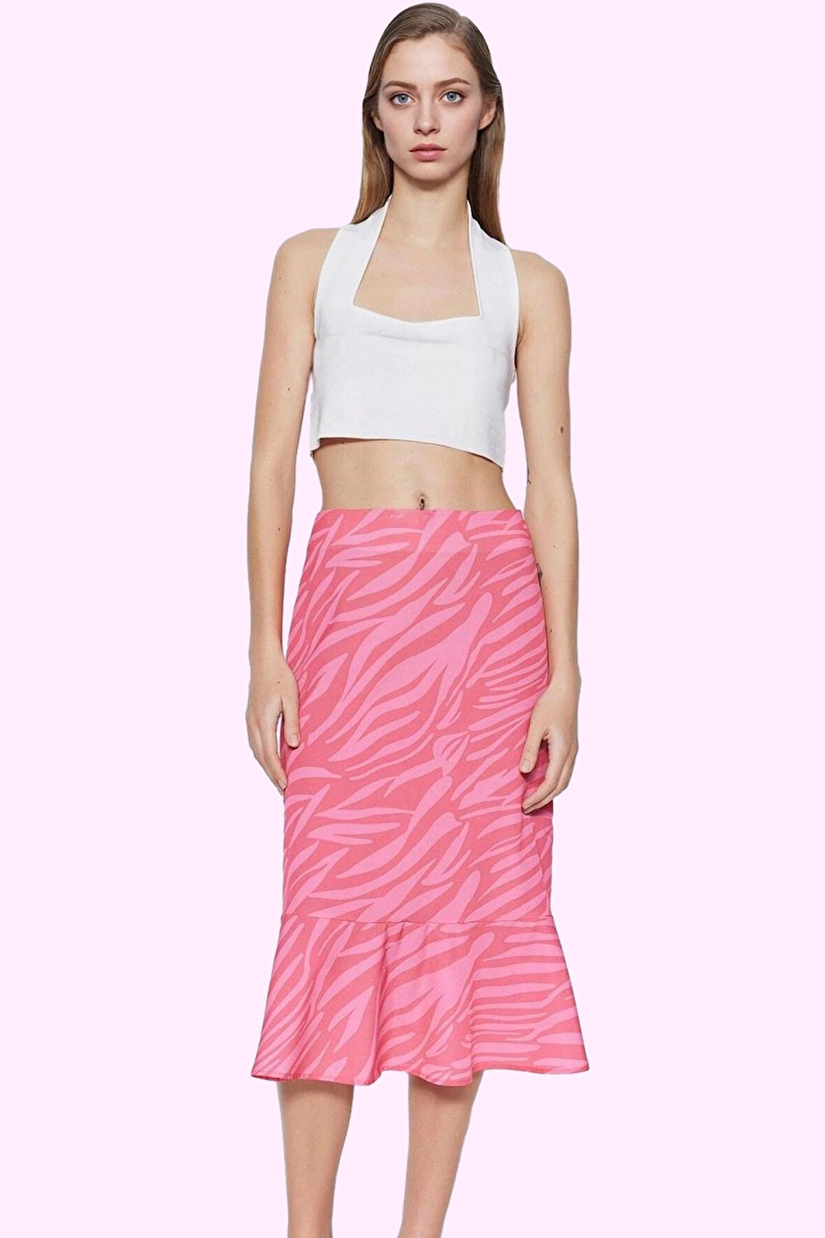 Kadın Animal Desenli Balık Etek Krep Kumaş Midi Boy Yaz Aylarının Vazgeçilmezi Günlük Kullanım