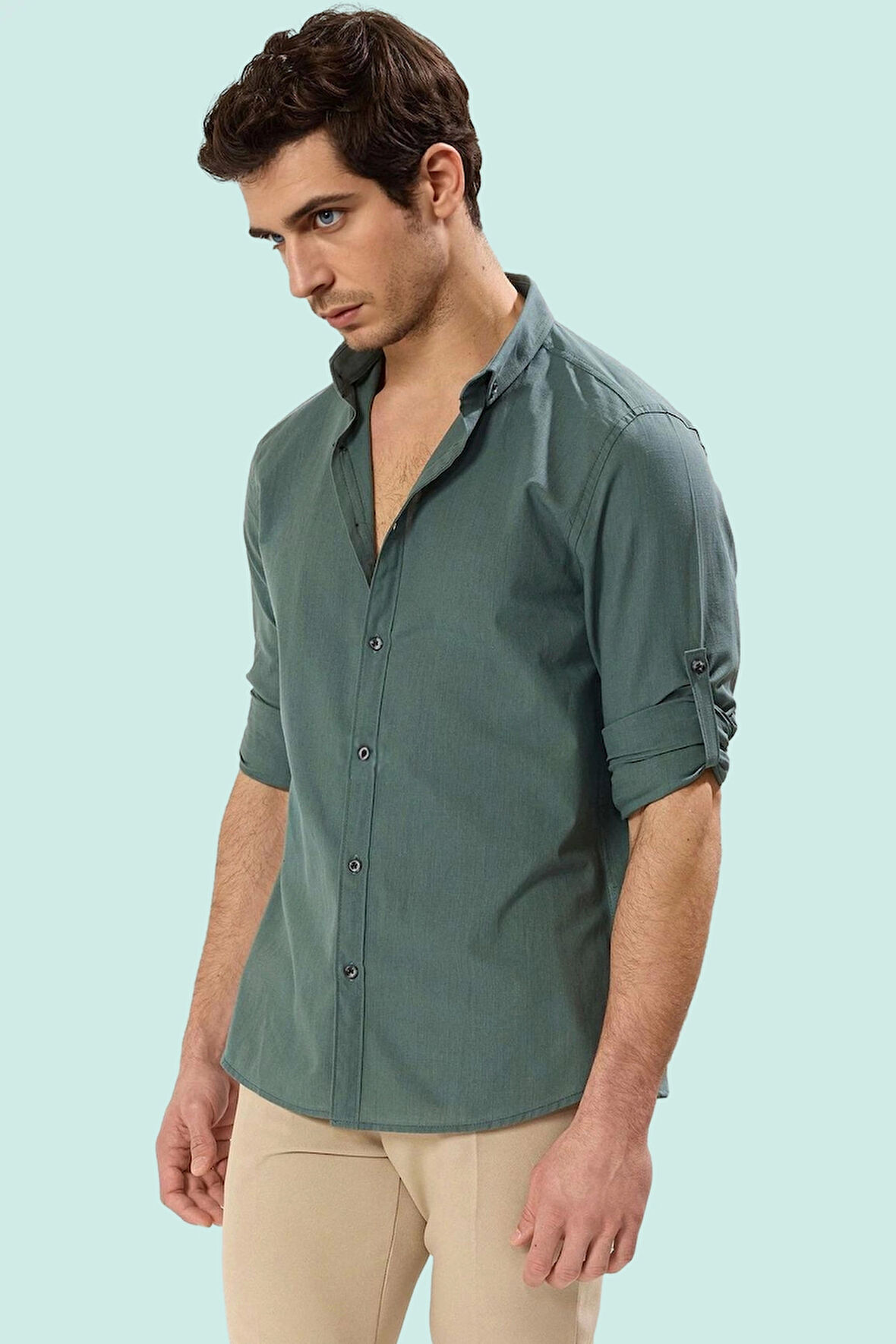 Erkek Pamuklu Gömlek Düğmeli Slim Fit Keten Görünümlü İş ve Günlük Yaz Aylarının Vazgeçilmezi