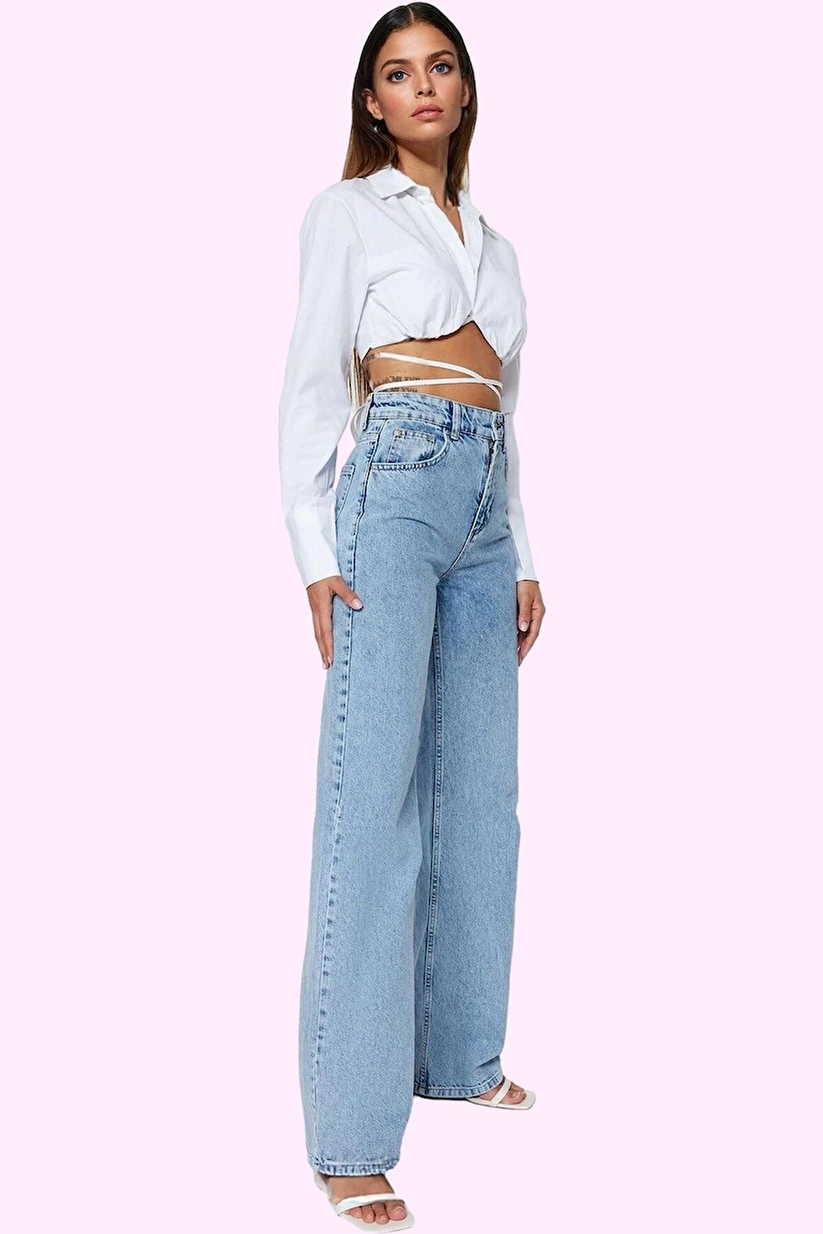 Kadın Pamuk Denim Wide Leg Jean Yüksek Bel Rahat Günlük Stil Hafta Sonu Yaz Aylarının Vazgeçilmezi