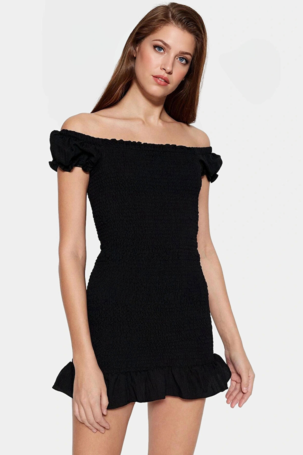 Dokuma Mini Elbise Bodycon Kalıp Balon Kollu Aerobin Vücudu Saran Rahat Ve Şık