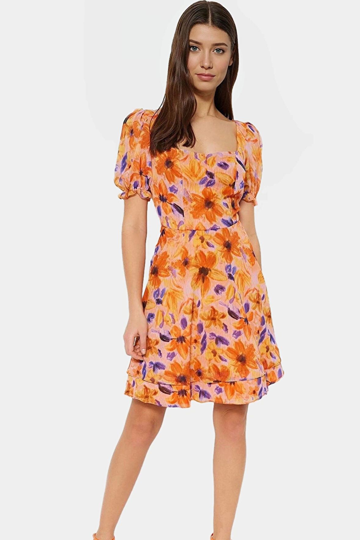 Çiçek Desenli Şifon Elbise Yazlık Mini Skater Günlük Kullanım İçin Trend Tasarım