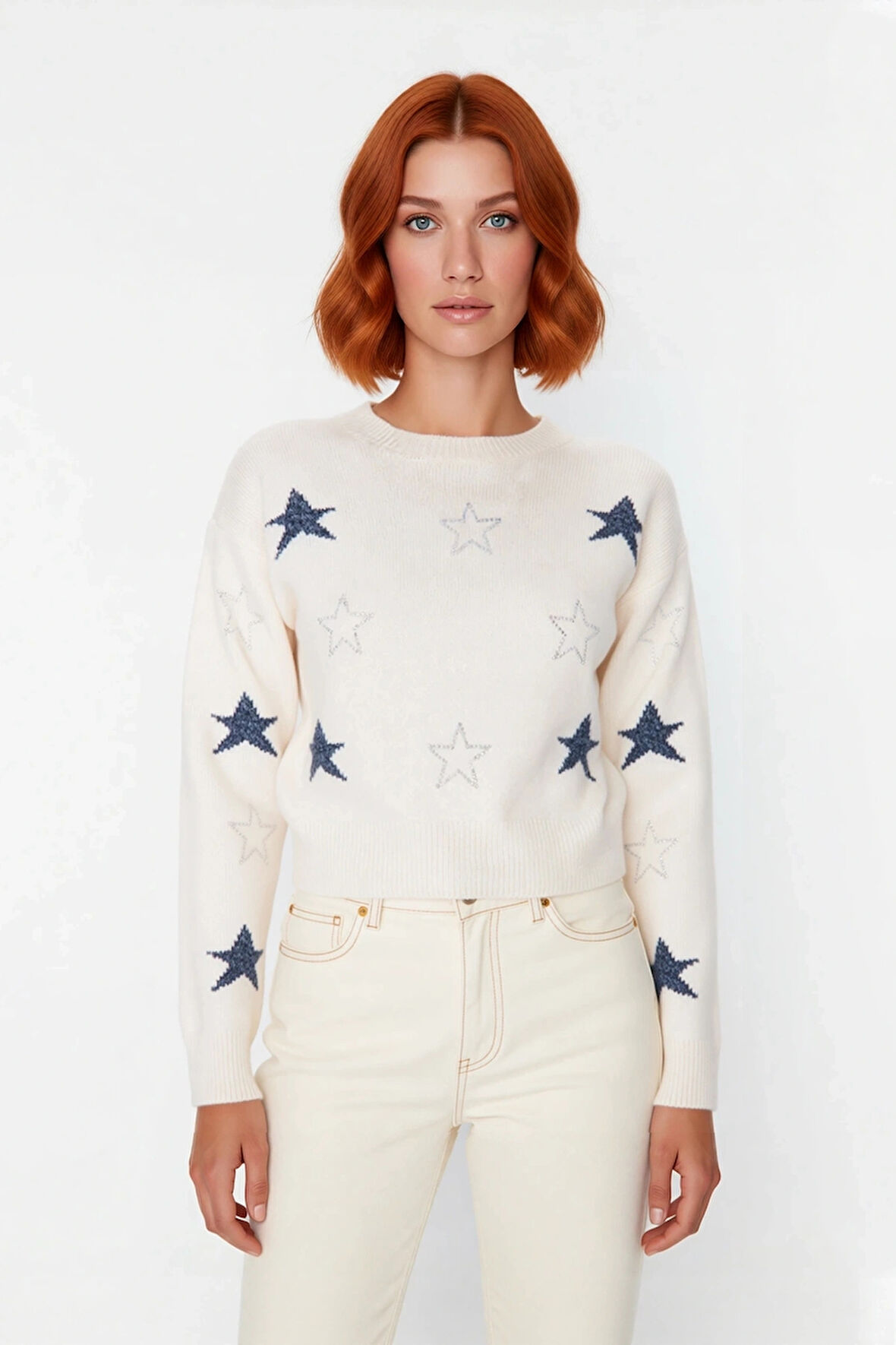 Kadın Basic Bisiklet Yaka Yılbaşı Desenli Crop Triko Kazak Uzun Kollu Kış Sezonu Günlük Stil