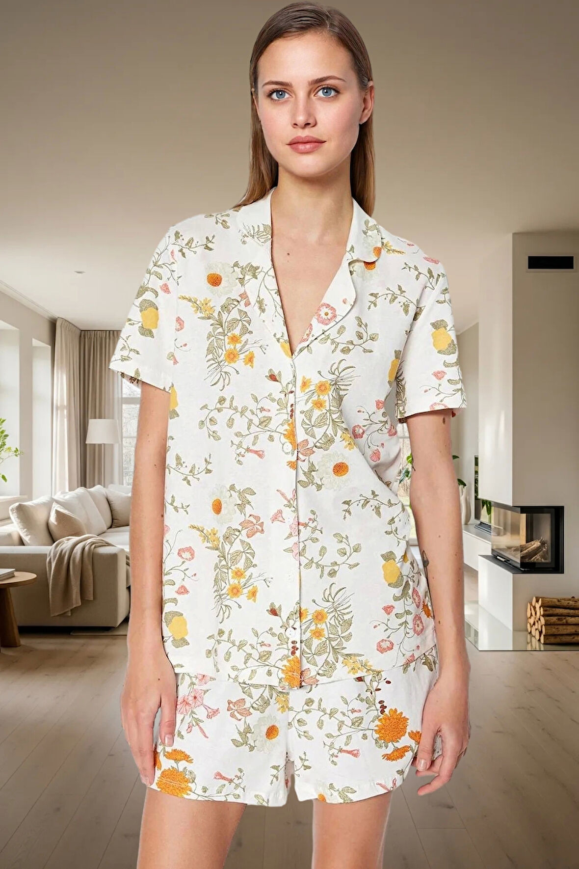Rahat Pamuklu Pijama Takımı Çiçek Desenli Kısa Kollu Gömlek Yaka Yazlık Dayanıklı Malzeme