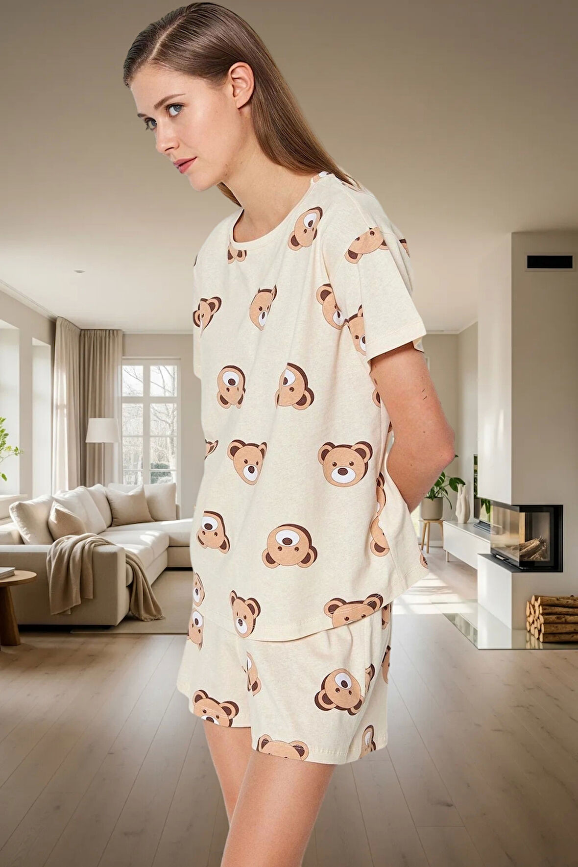 Kadın %100 Pamuklu Regular Kalıp Ayıcıklı Pijama Takımı Özenle Seçilmiş Trend Tasarım