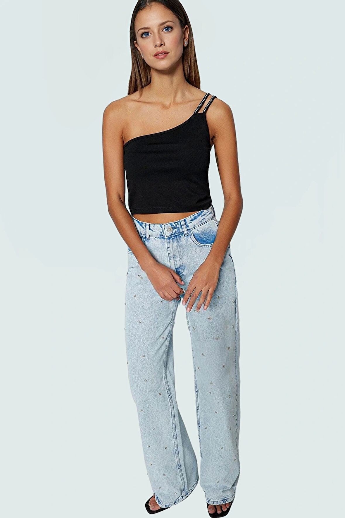 Viskoz Crop Bluz Parlak Taş Detaylı Tek Omuzlu Yazlık Dayanıklı Malzeme Mükemmel Uyum