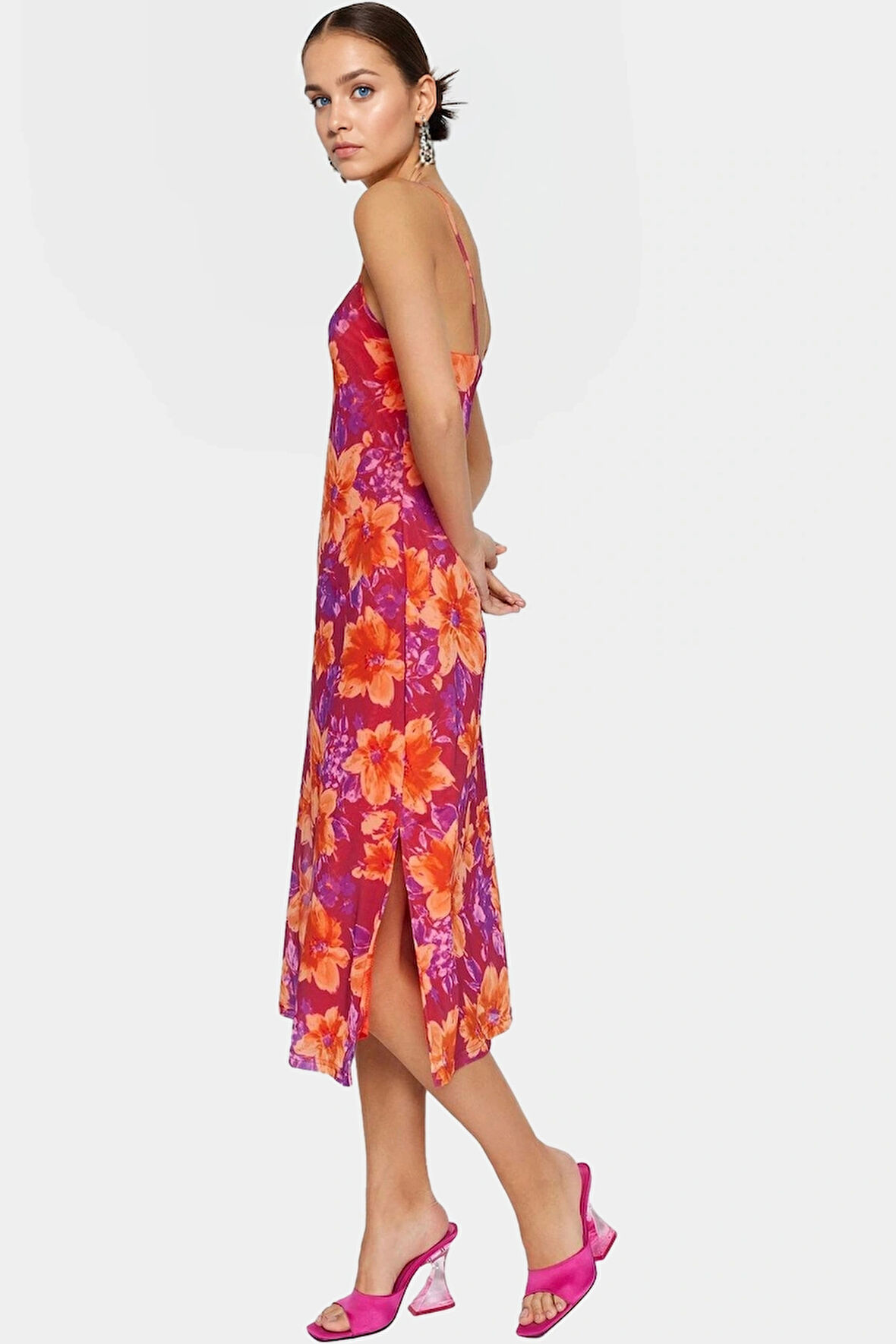 Astarlı Tül Midi Elbise A line Kesim Çiçek Desenli Yazlık Günlük Kullanım İçin