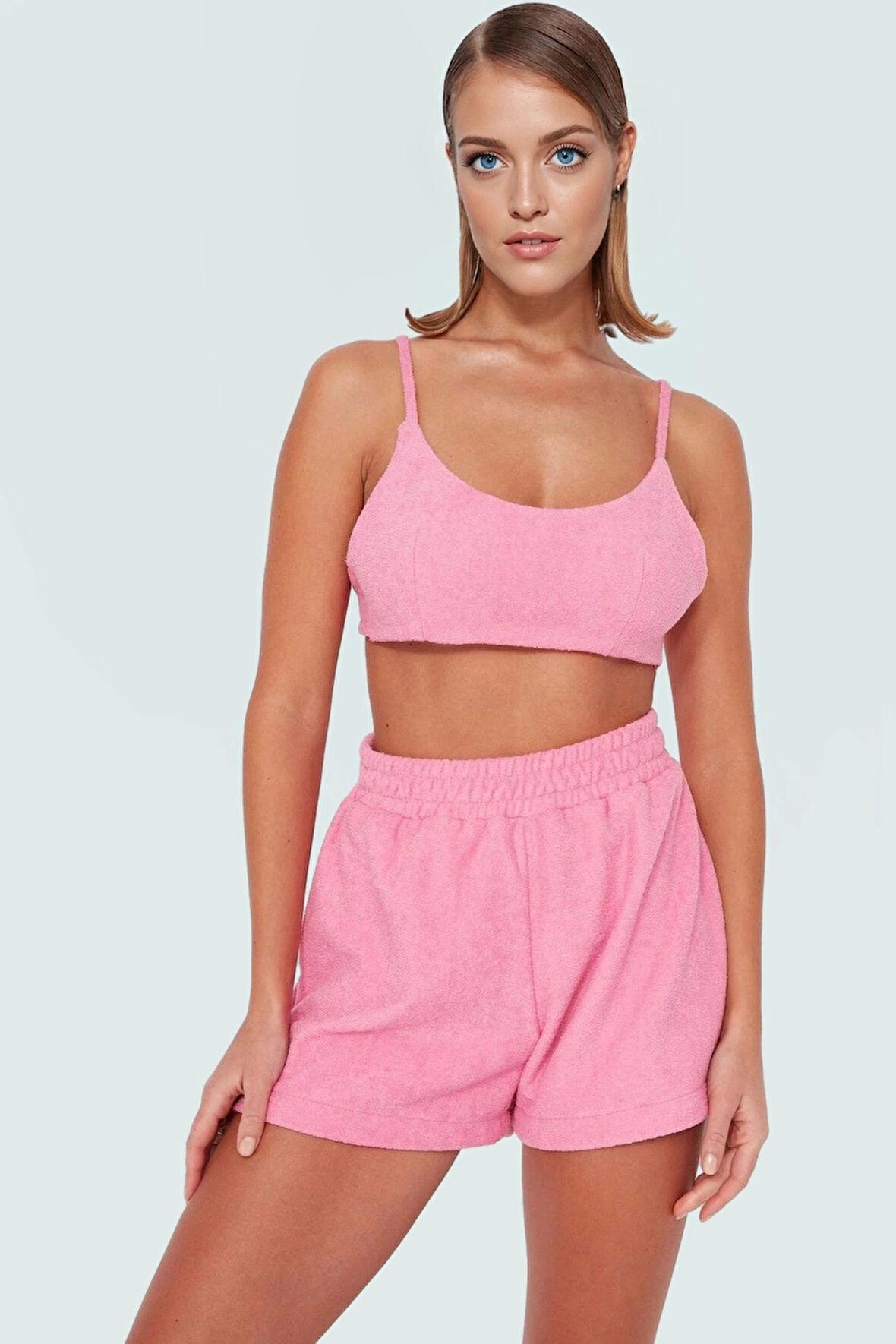 Rahat Havlu Kumaş Bluz Şort Takım Plaj Havuz için Mükemmel Yazlık Ve Şık Özel Tasarım