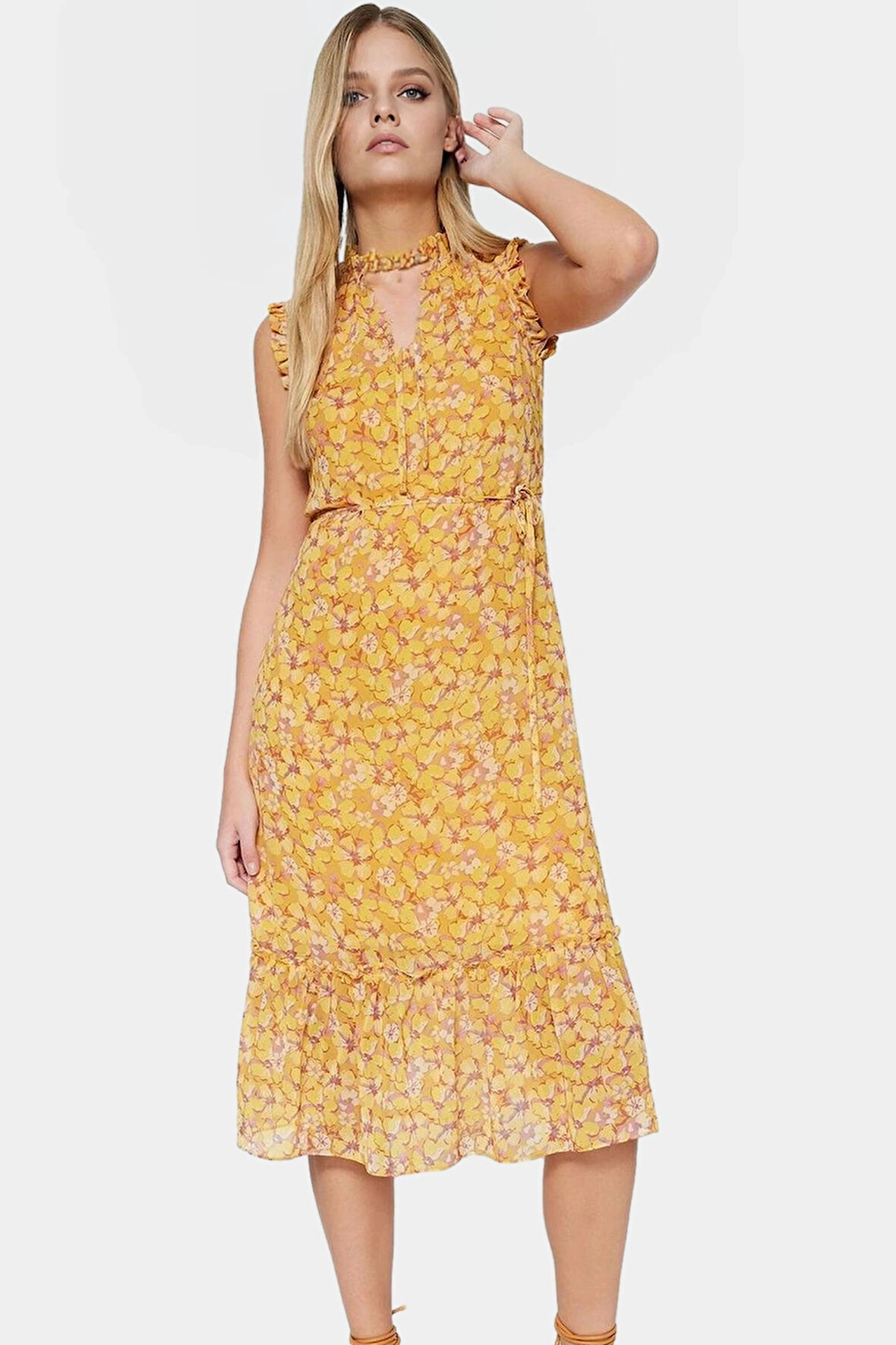 Şık Astarlı Şifon Elbise Çok Çiçek Desen Midi Boy Dik Yaka Rahat Kullanım Modern Stil