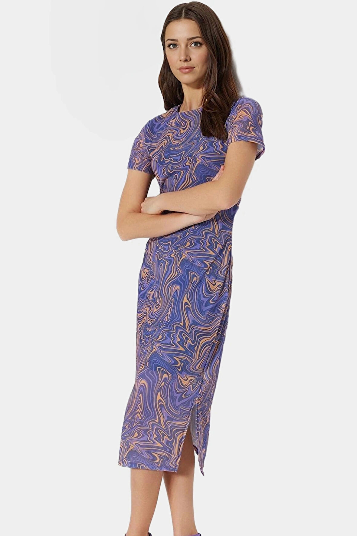 Soyut Desenli Bodycon Midi Elbise Nefes Alan Polyester Elastan Kumaş Dayanıklı Malzeme