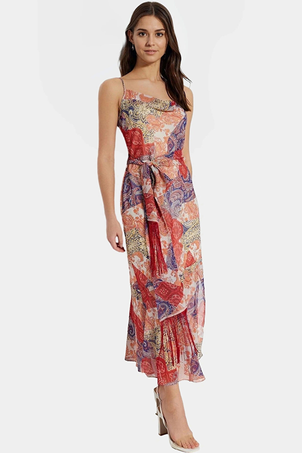 A line Maxi Elbise Şifon Kumaş Etnik Desen Kolsuz Kuşaklı Günlük Kullanım İçin