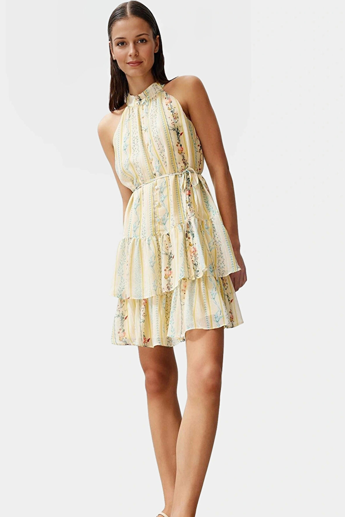Yazlık Mini Elbise Çok Çiçek Desenli Astarlı Halter Yaka Dokuma Kumaş Günlük Kullanım İçin