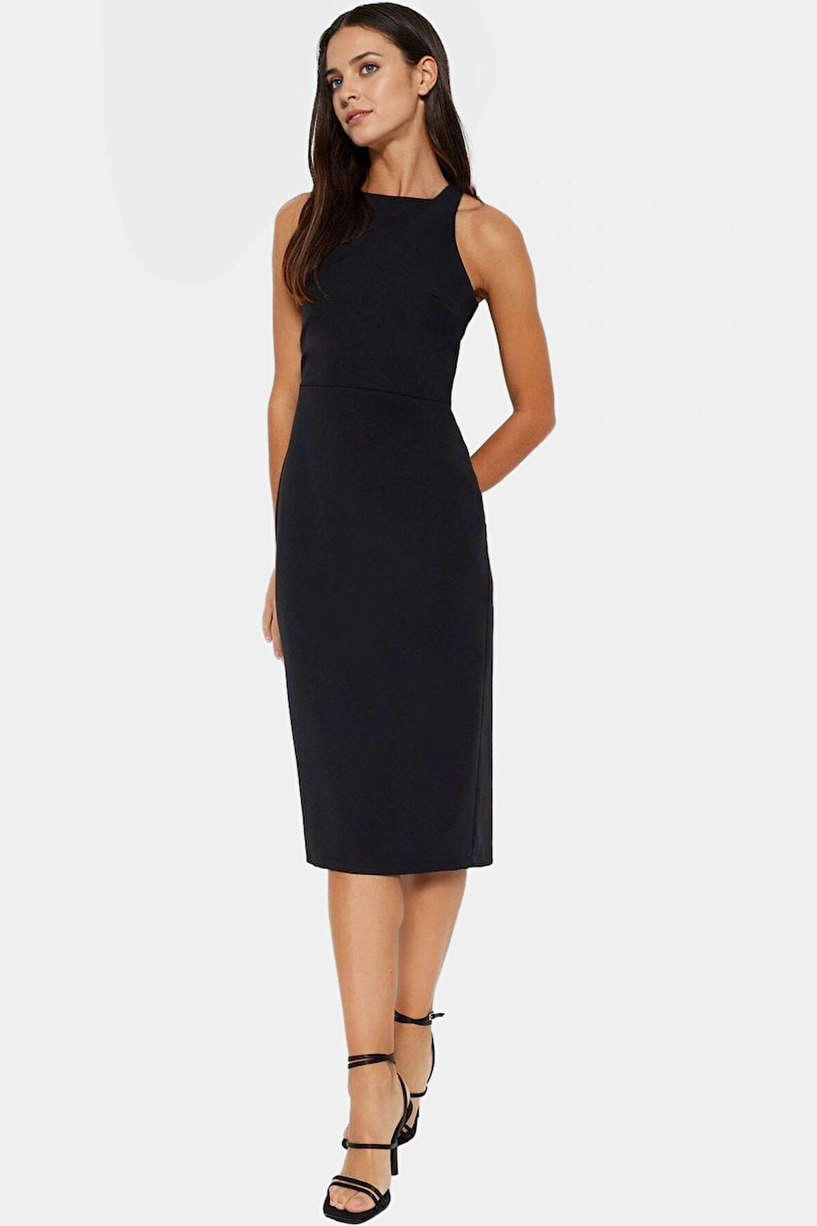 Bodycon Midi Elbise Şık Halter Yaka Nefes Alan Dokuma Kumaş Günlük ve Özel Günler İçin