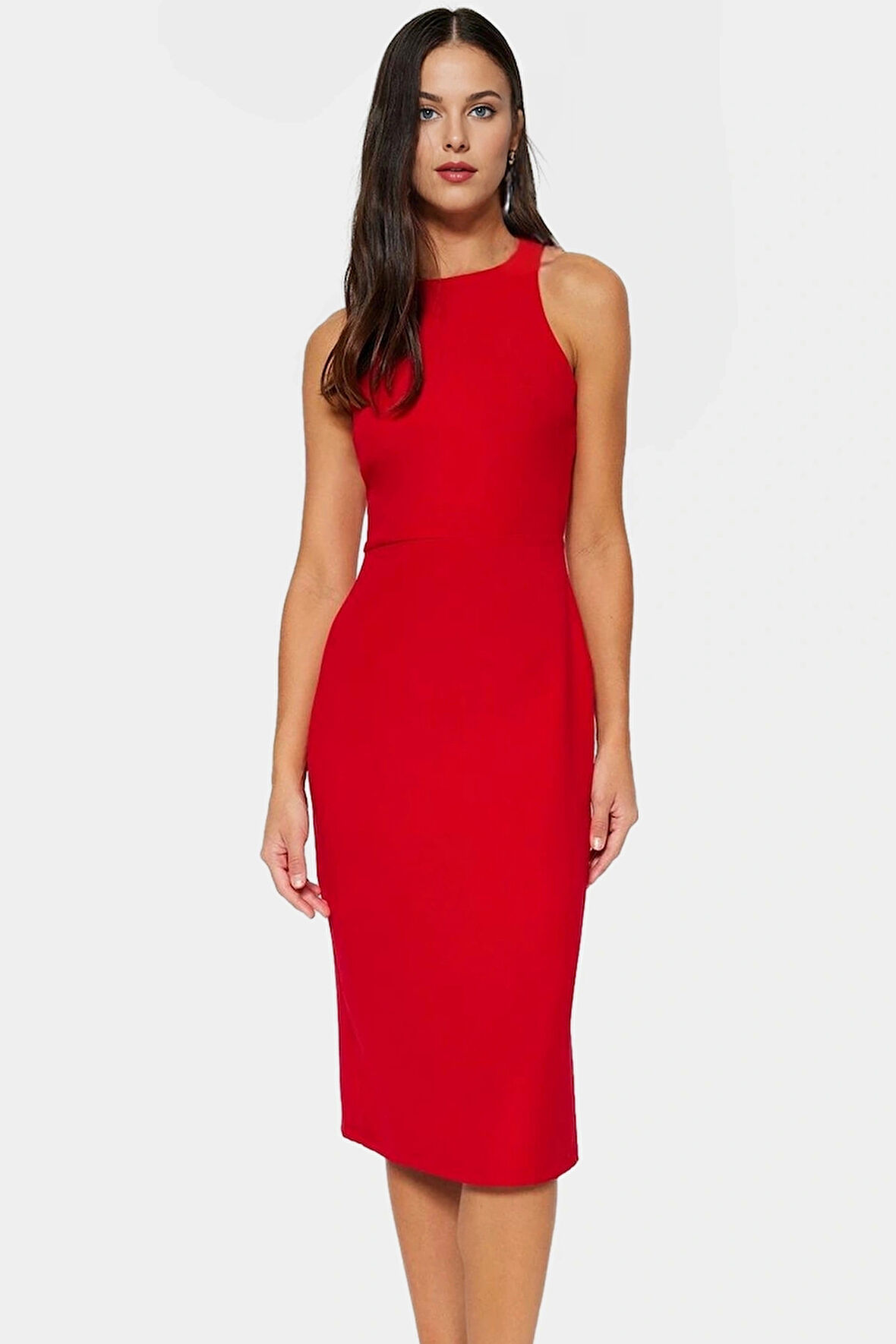 Bodycon Midi Elbise Şık Halter Yaka Nefes Alan Dokuma Kumaş Günlük ve Özel Günler İçin