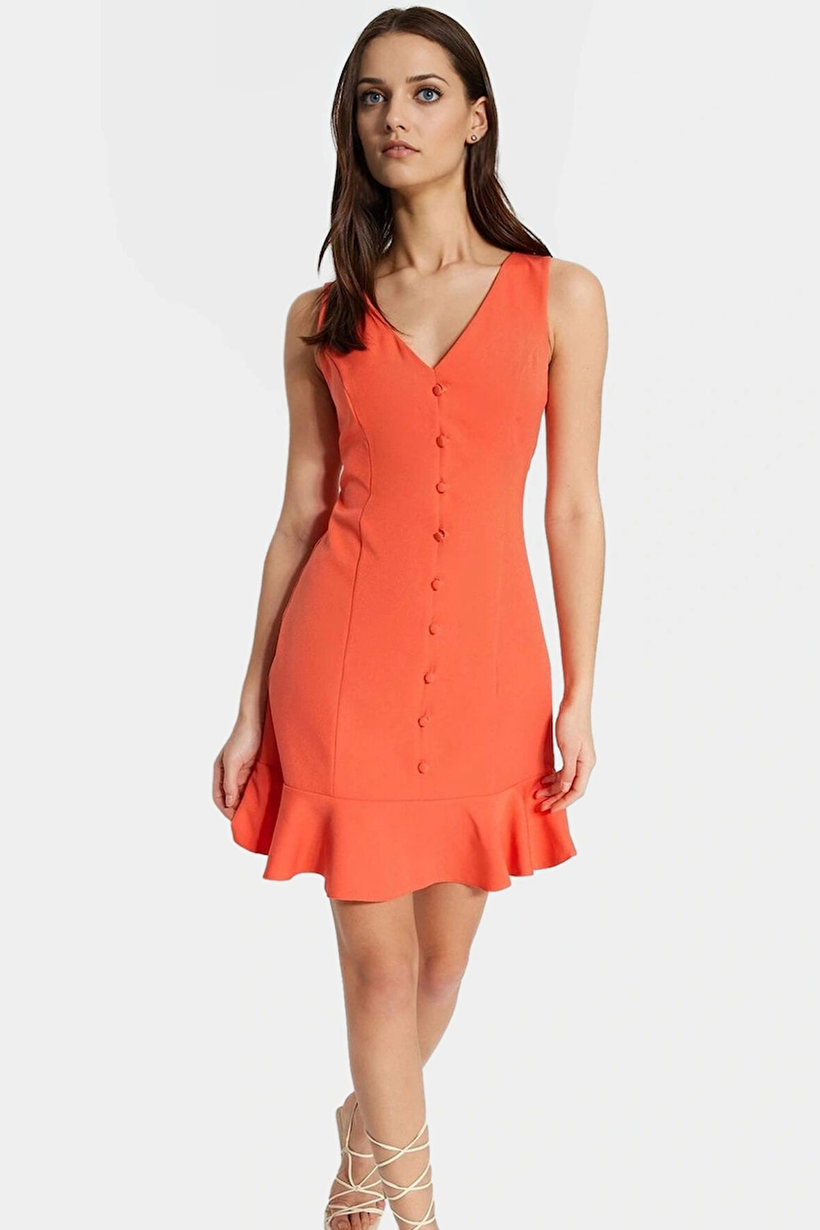 Finike Dokuma Mini Elbise A Line Kesim V Yaka Düğmeli Polyester Karışımlı Modern Stil