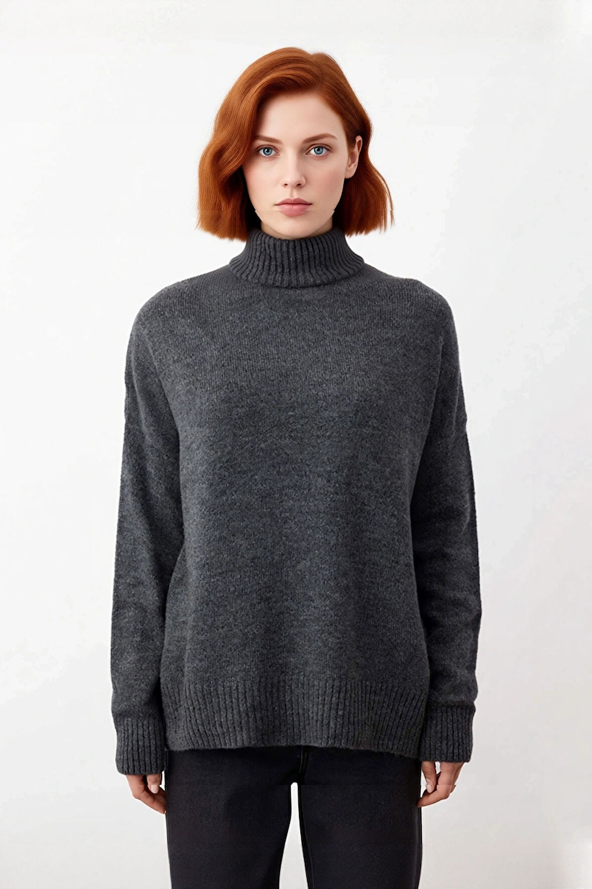 Kadın Basic Oversize Dik Yaka Triko Kazak Düşük Kol Uzun Boy Kışlık Günlük Şıklık Sunar Kaliteli