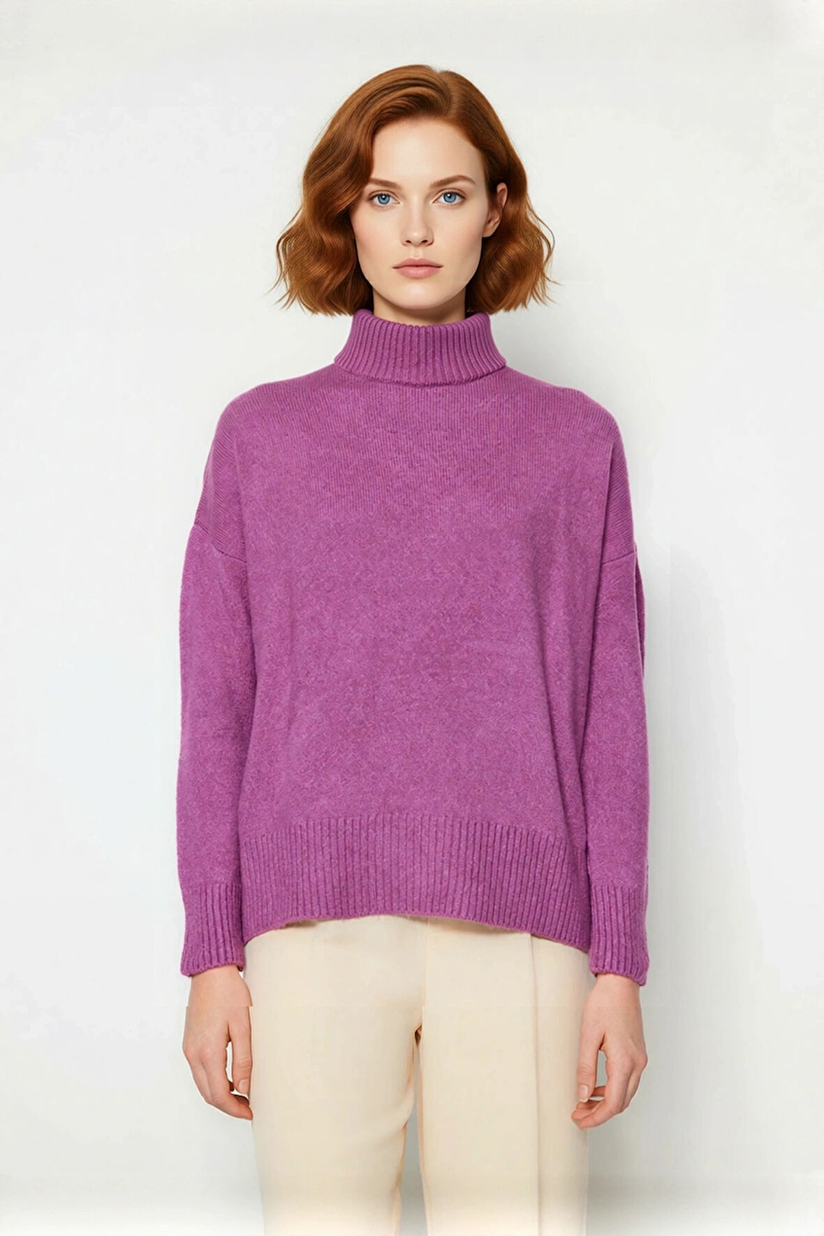 Kadın Basic Oversize Dik Yaka Triko Kazak Düşük Kol Uzun Boy Kışlık Günlük Şıklık Sunar Kaliteli