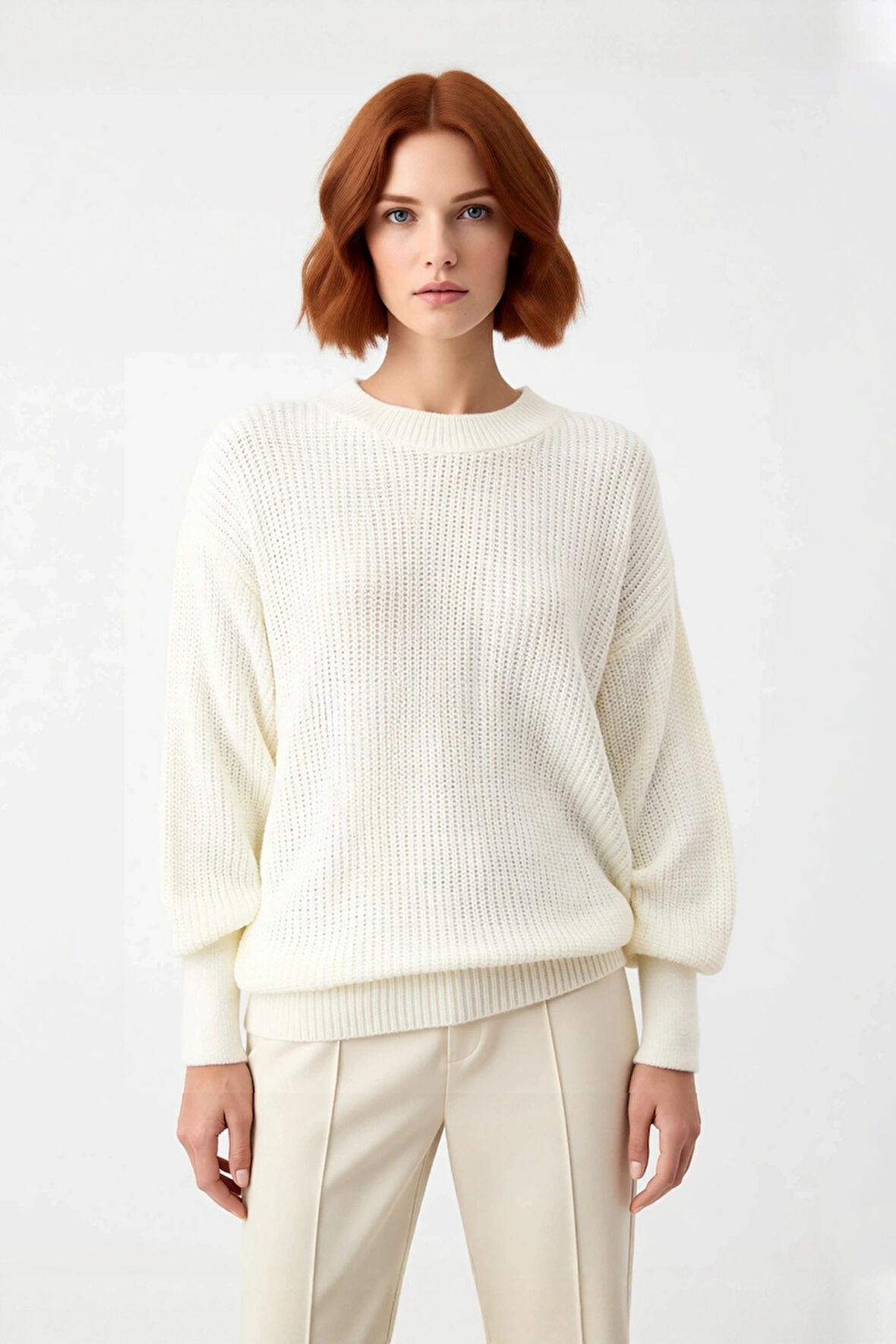 Kadın Oversize Basic Uzun Balon Kol Selanik Dokuma Triko Kazak 100% Akrilik Soğuk Havalar Kaliteli