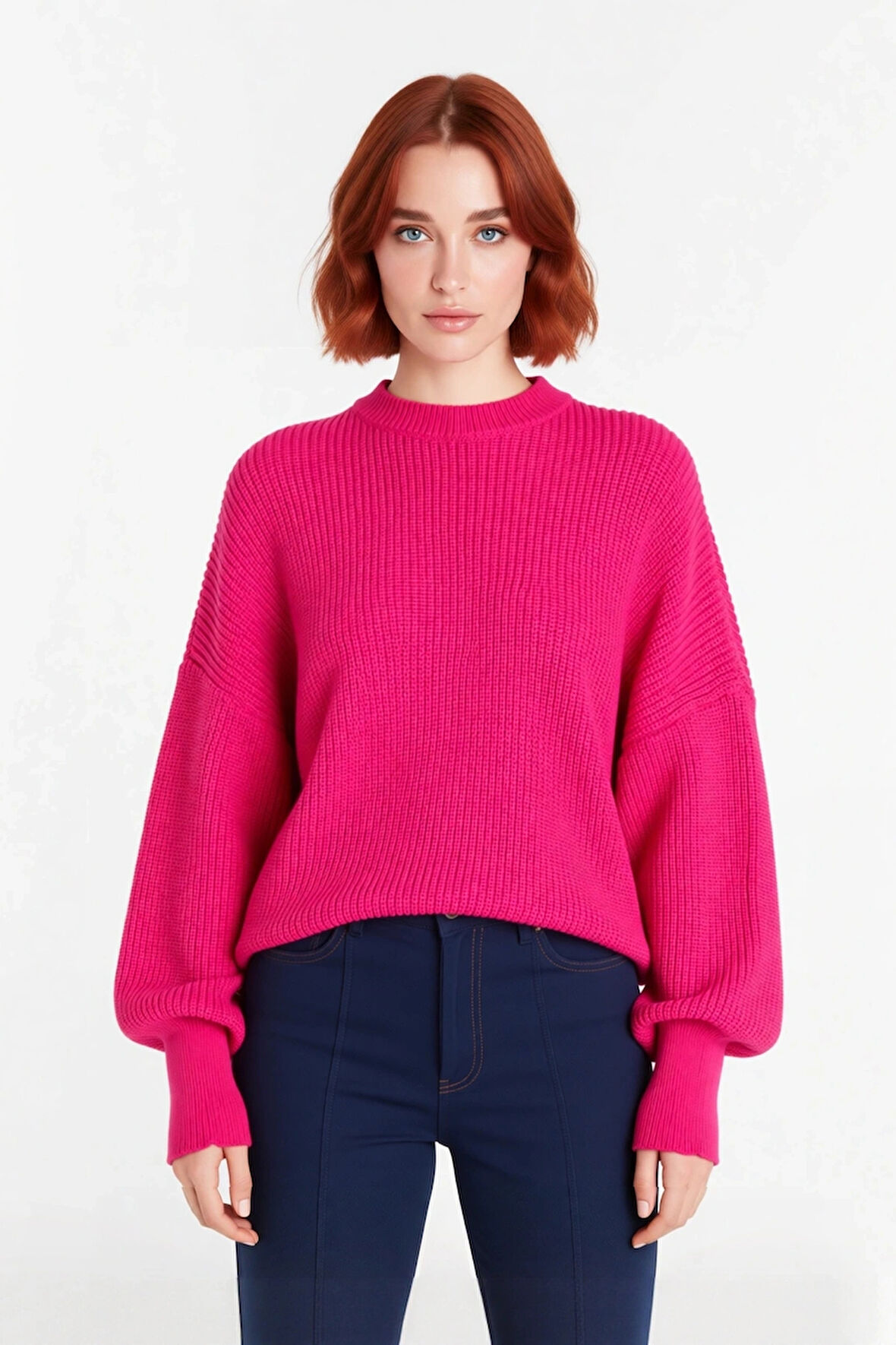 Kadın Oversize Basic Uzun Balon Kol Selanik Dokuma Triko Kazak 100% Akrilik Soğuk Havalar Kaliteli