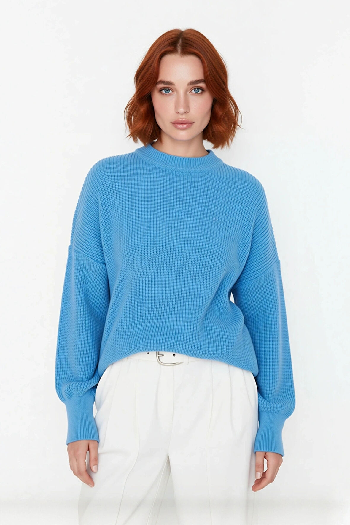 Kadın Oversize Basic Uzun Balon Kol Selanik Dokuma Triko Kazak 100% Akrilik Soğuk Havalar Kaliteli