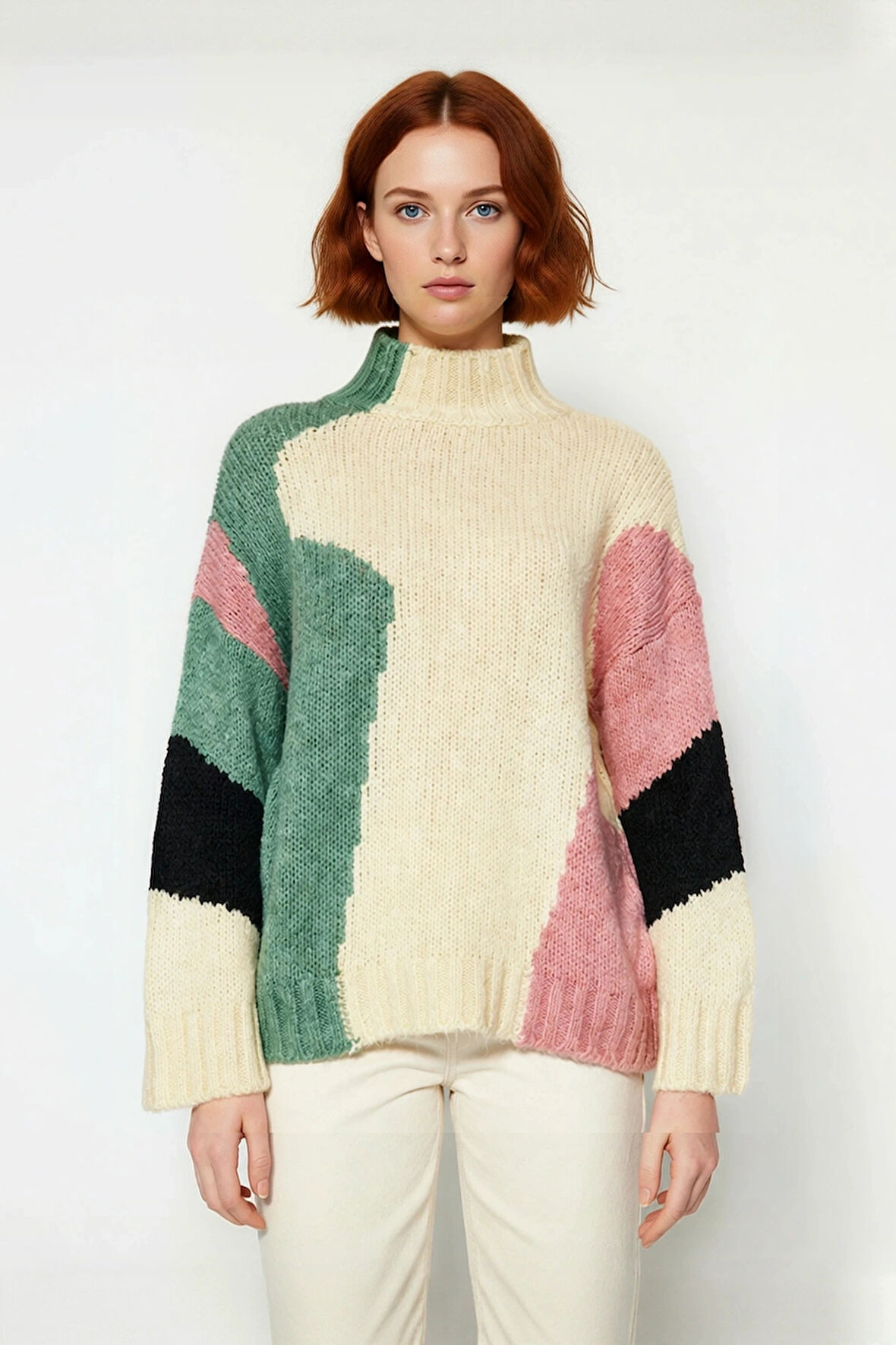 Kadın Şık Dik Yaka Oversize Renk Bloklu Düşük Kol Uzun Triko Kazak Kış Modasına Yeni Bir Soluk