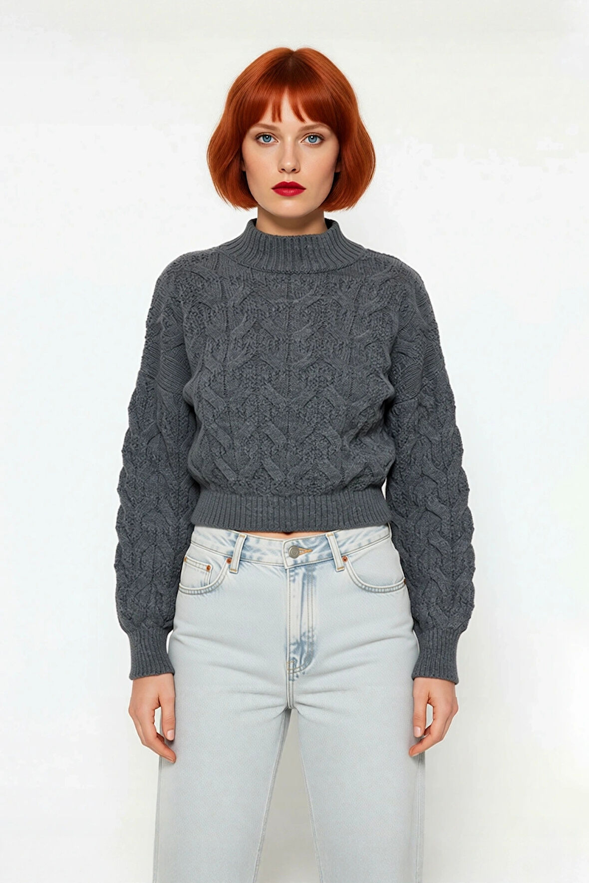 Kadın Oversize Balon Kol Dik Yaka Saç Örgü Crop Akrilik Triko Kazak Kış Modasına Uyumlu Kaliteli