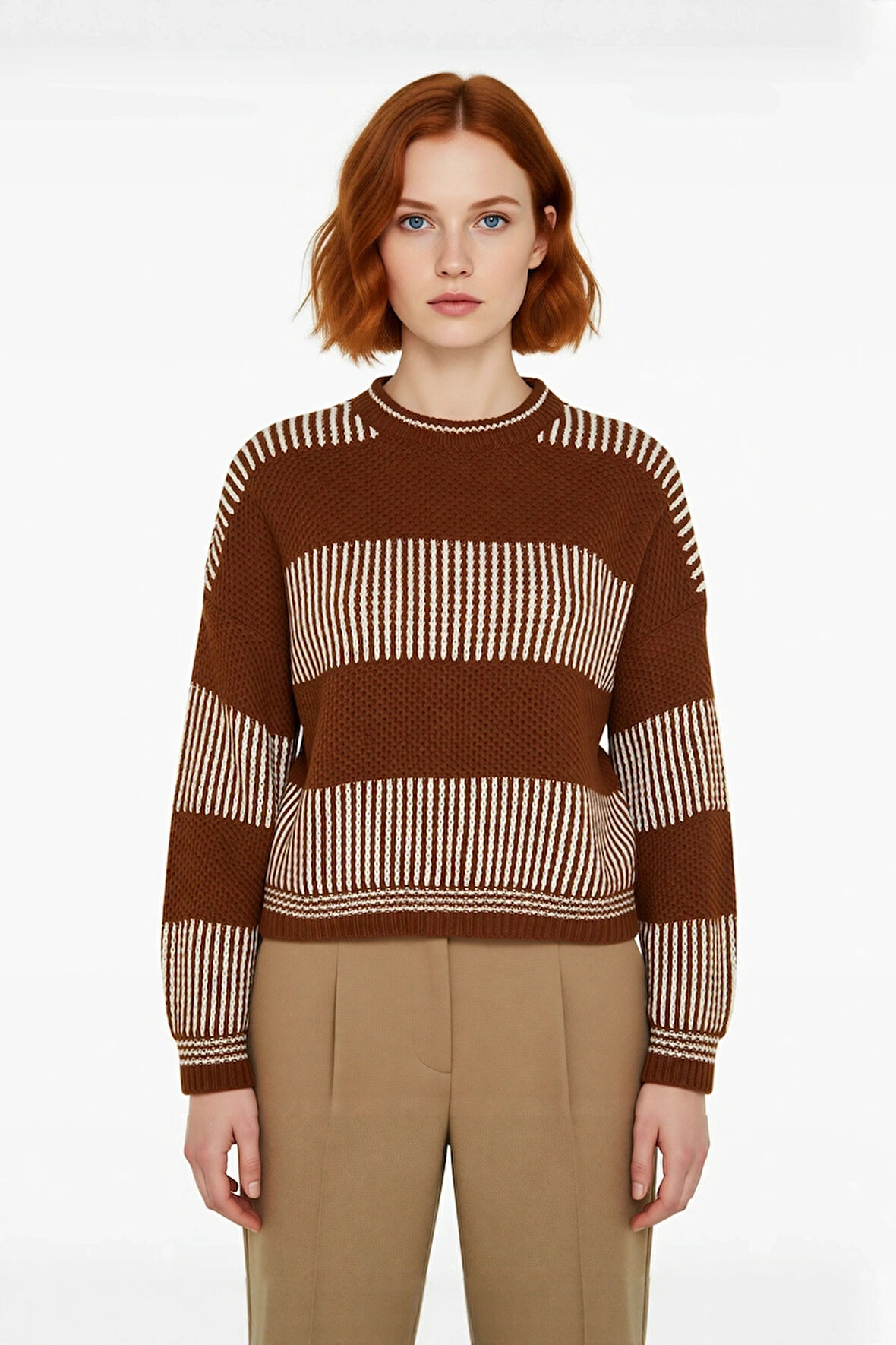 Kadın Rahat Kalıp Düşük Kol Bisiklet Yaka Renk Bloklu Akrilik Triko Kazak Günlük Kullanım Şıklığı.