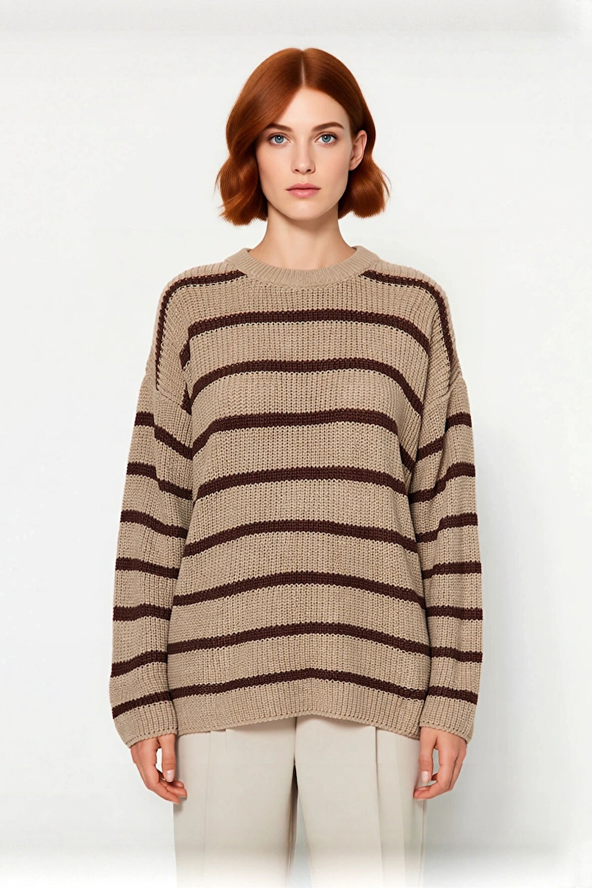 Kadınlara Özel Oversize Çizgili Triko Kazak Bisiklet Yaka Uzun Kollu Kış Stiline Modern Dokunuş