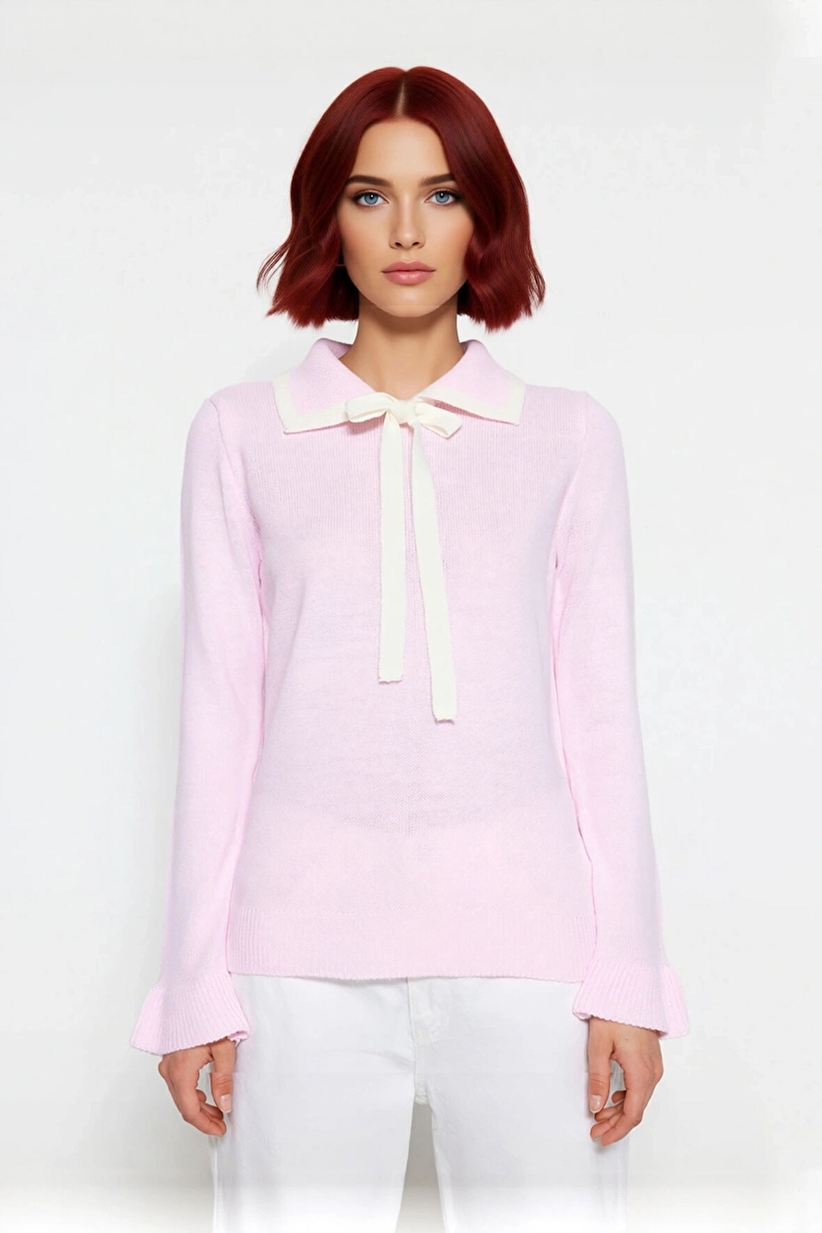 Kadın Polo Yaka Bağcıklı Triko Kazak Renk Bloklu Uzun Kollu Kışlık Ofis Şıklığı İçin Rahat Seçim