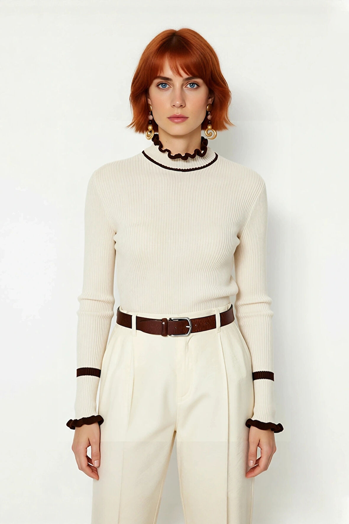 Kadın Triko Fitted Kalıp Dik Yaka Fitilli Renk Bloklu Uzun Kollu Kazak Günlük Tarzın Modern Hali