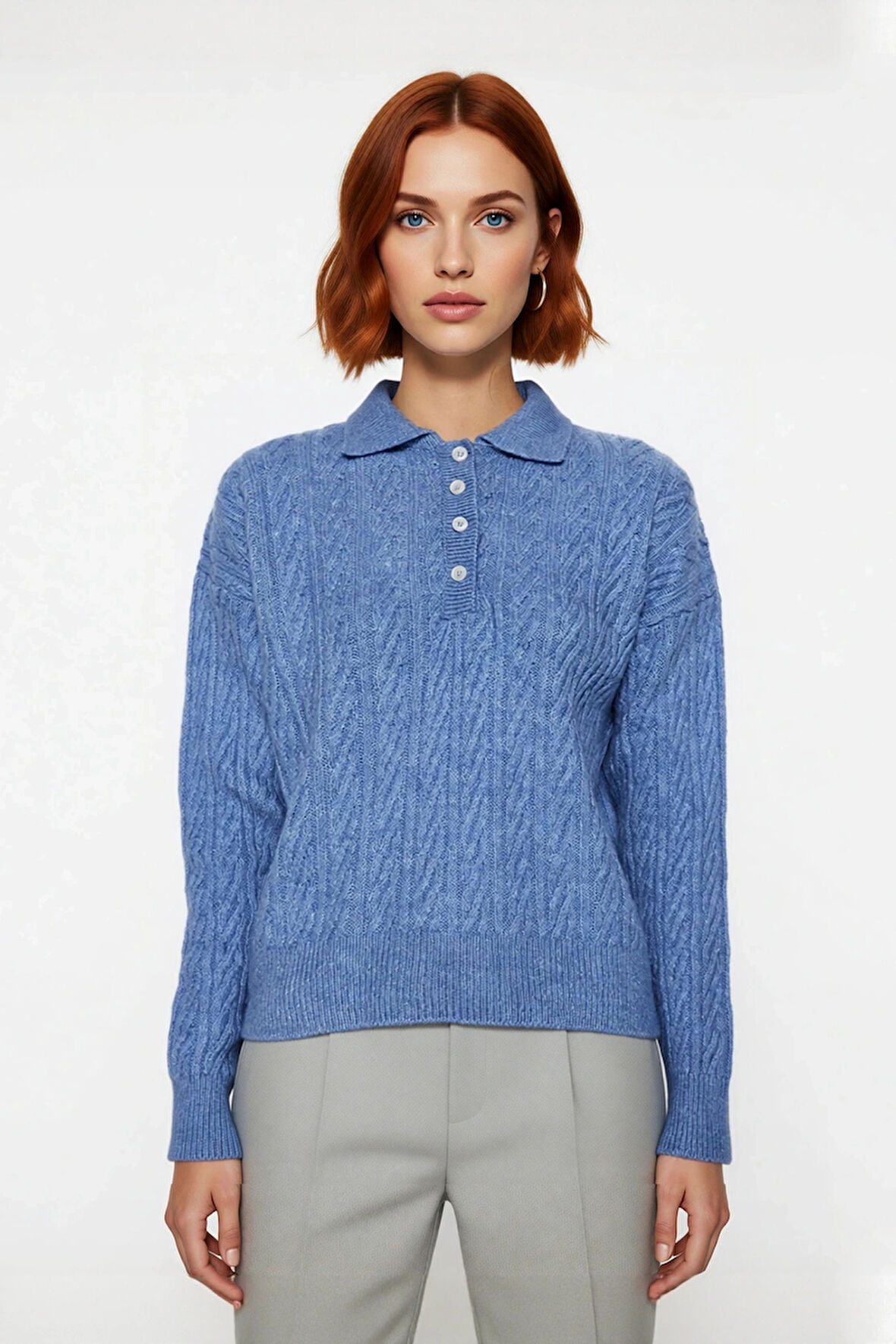 Kadın Oversize Triko Polo Yaka Saç Örgü Düşük Kollu Rahat Kışlık Basic Stil Kazak Kaliteli