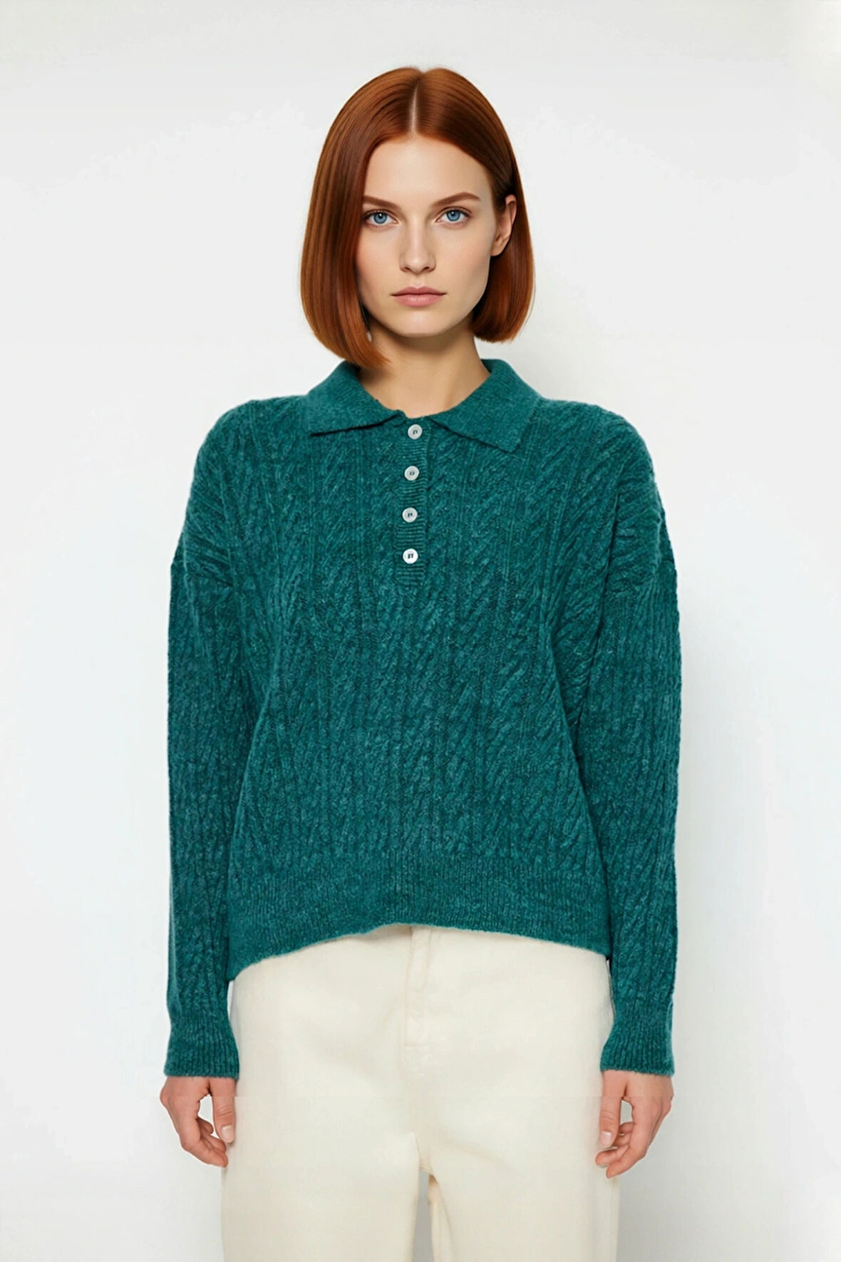 Kadın Oversize Triko Polo Yaka Saç Örgü Düşük Kollu Rahat Kışlık Basic Stil Kazak Kaliteli