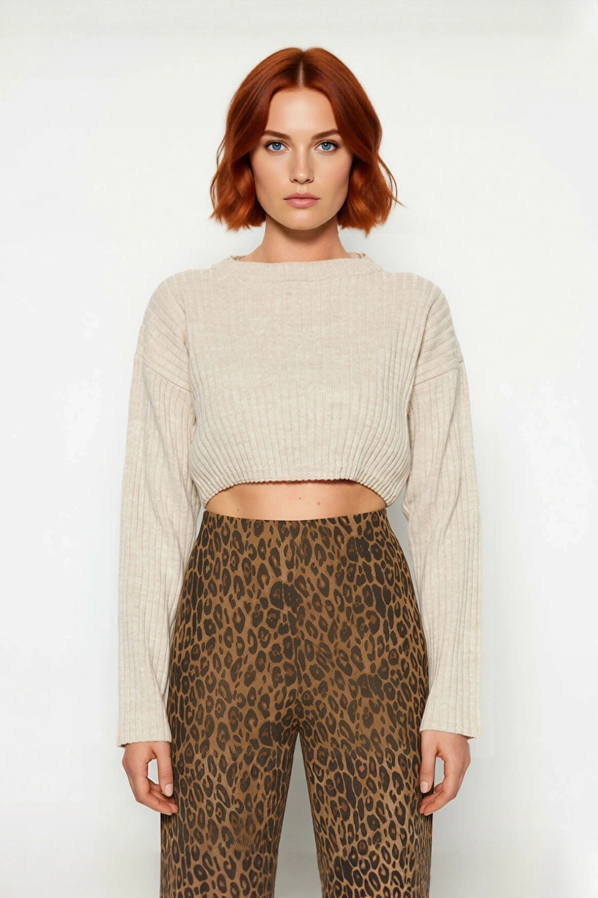 Kadın Düz Desen Regular Kalıp Triko Super Crop Bisiklet Yaka Uzun Kol Kazak Casual Tarz Kaliteli