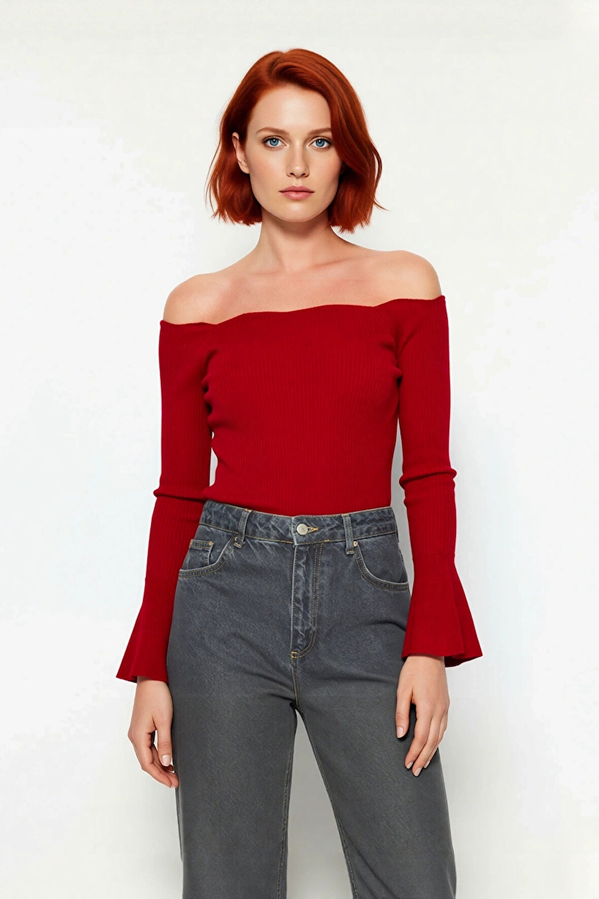 Kadınlar İçin İnce Fitted Carmen Yaka Akrilik Triko Kazak Uzun Kollu Düz Fitilli Tasarım Modelleri