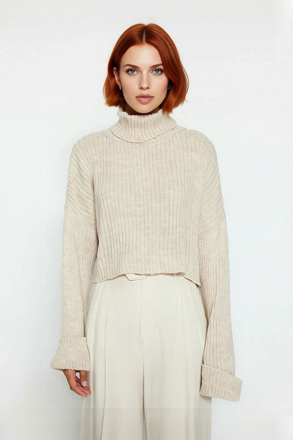 Kadın Oversize Super Crop Balıkçı Yaka Kışlık Triko Kazak Uzun Kollu Rahat Ve Şık Stil Kaliteli