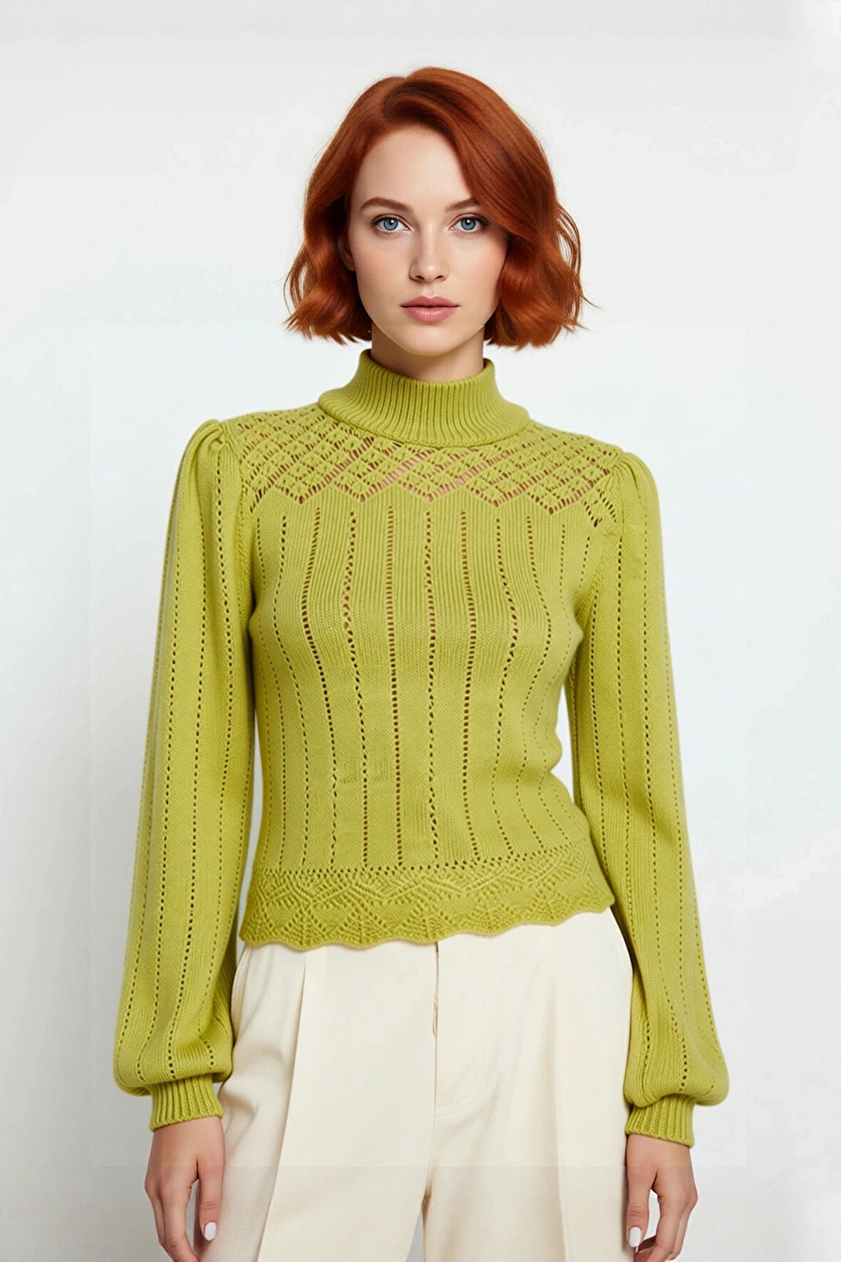 Kadın Ajurlu Örgü Detaylı Dik Yaka Fitted Crop Kazak Balon Kolları İle Kışa Özel Trend Bir Stil